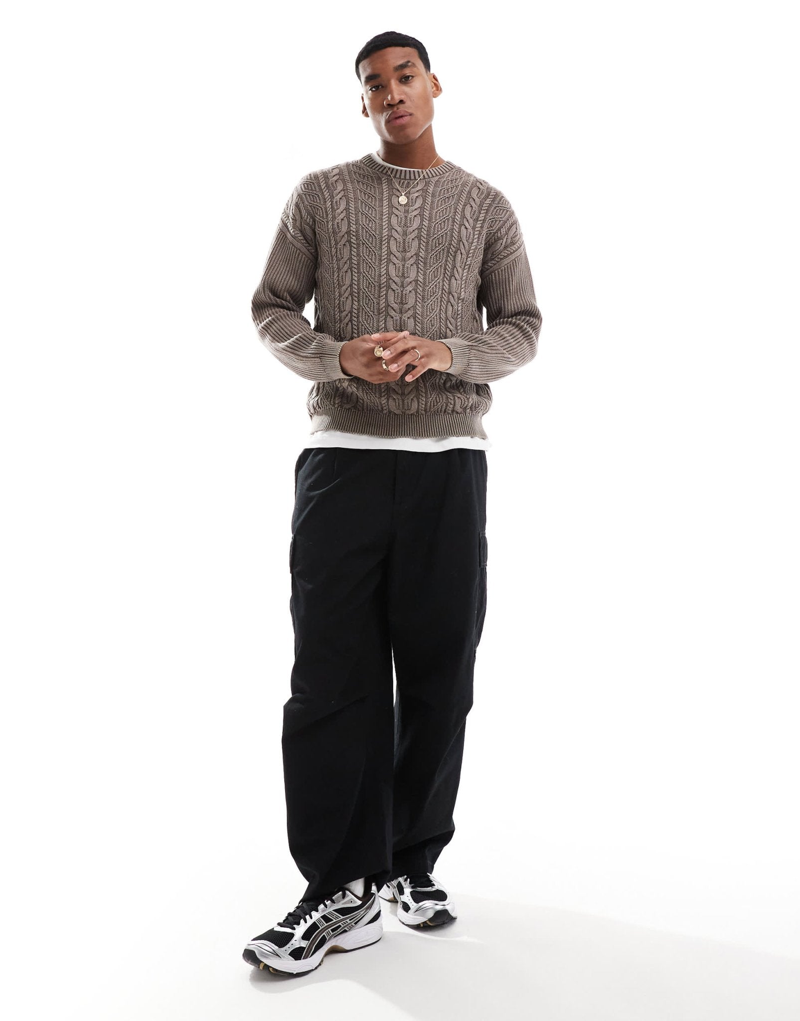 ASOS DESIGN knitted washed relaxed cable jumper in brown - ASOS Sample Sale EU Store