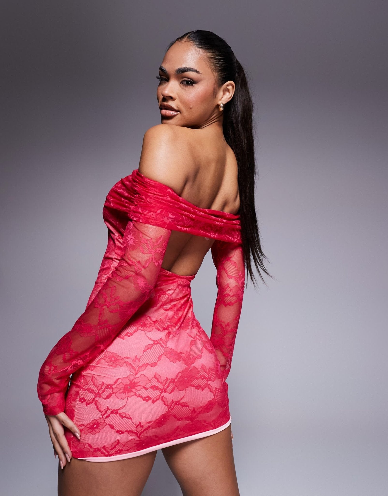 ASOS DESIGN lace 90s long sleeve bardot mini dress with contrast overlay in pink - ASOS Sample Sale EU Store
