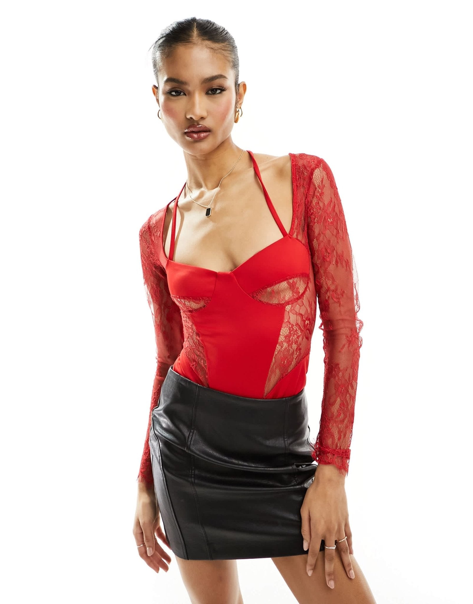 ASOS DESIGN lace insert corset bodysuit with shrug detail in red - ASOS Sample Sale EU Store