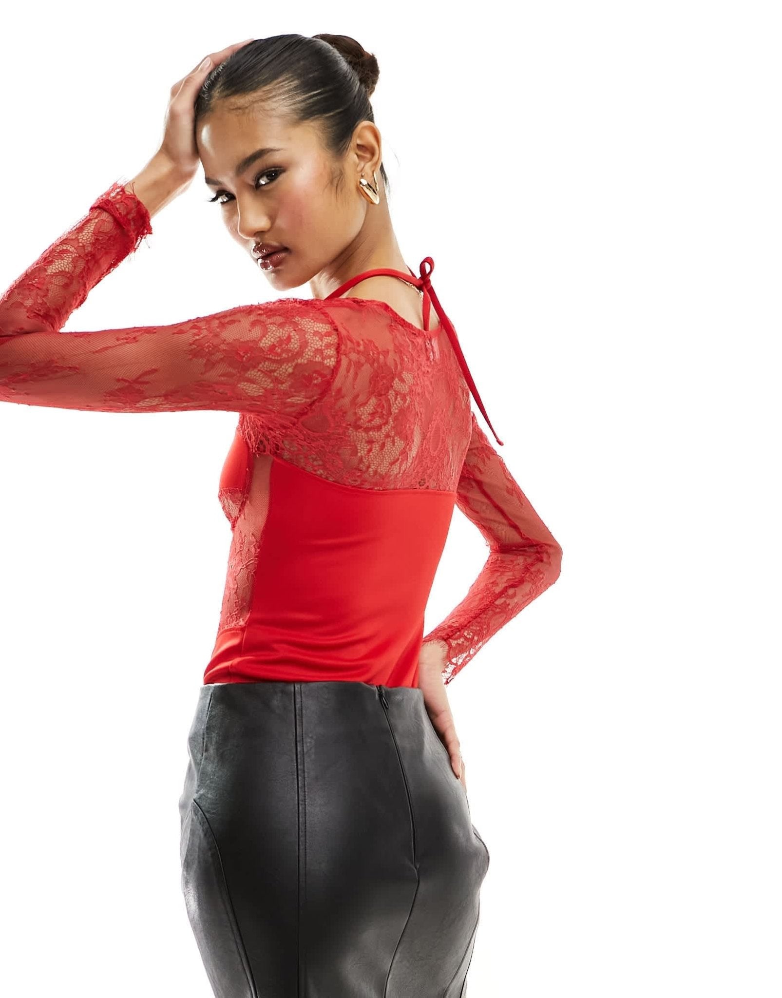 ASOS DESIGN lace insert corset bodysuit with shrug detail in red - ASOS Sample Sale EU Store