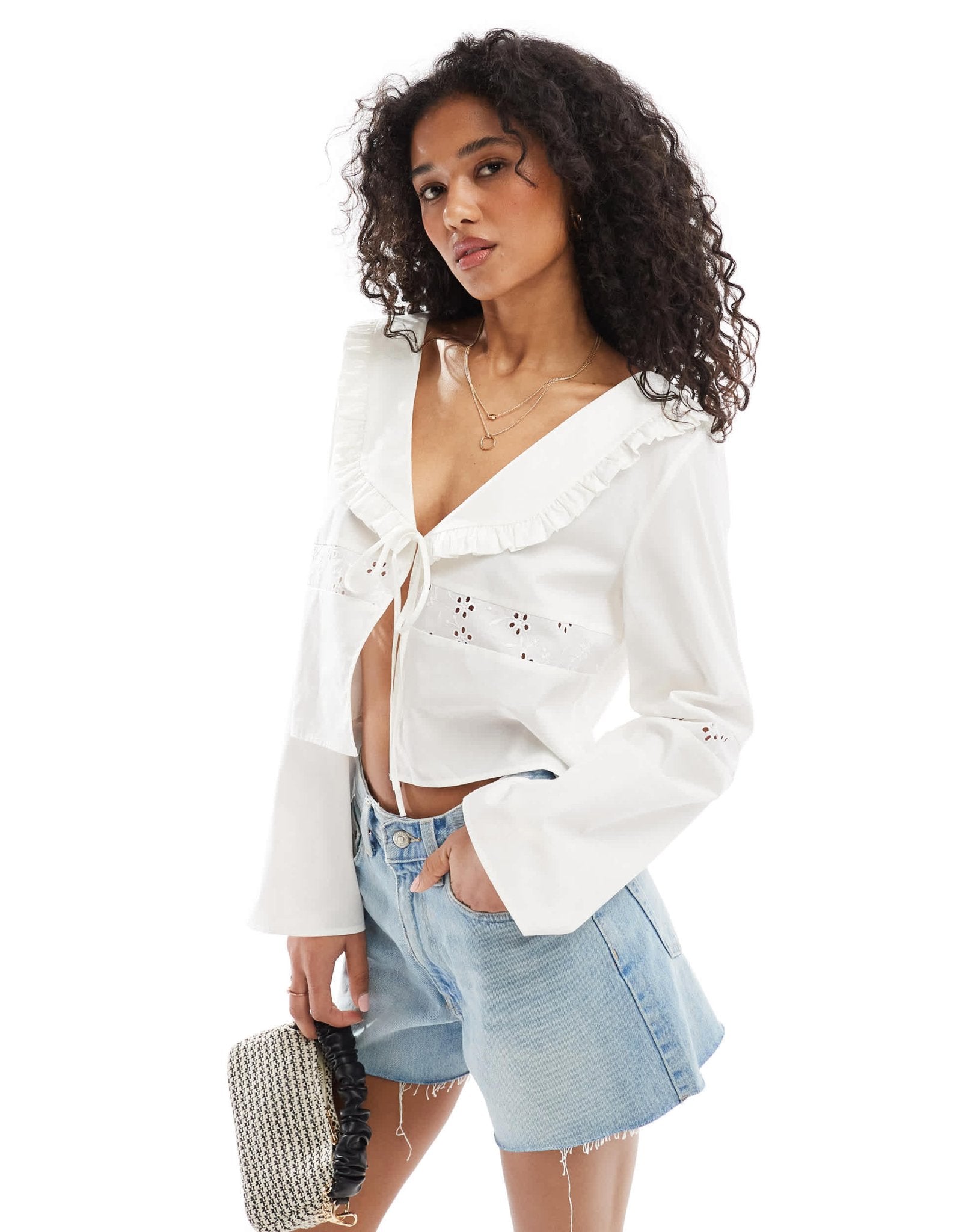 ASOS DESIGN lace insert tie front collar blouse in ivory - ASOS Sample Sale EU Store