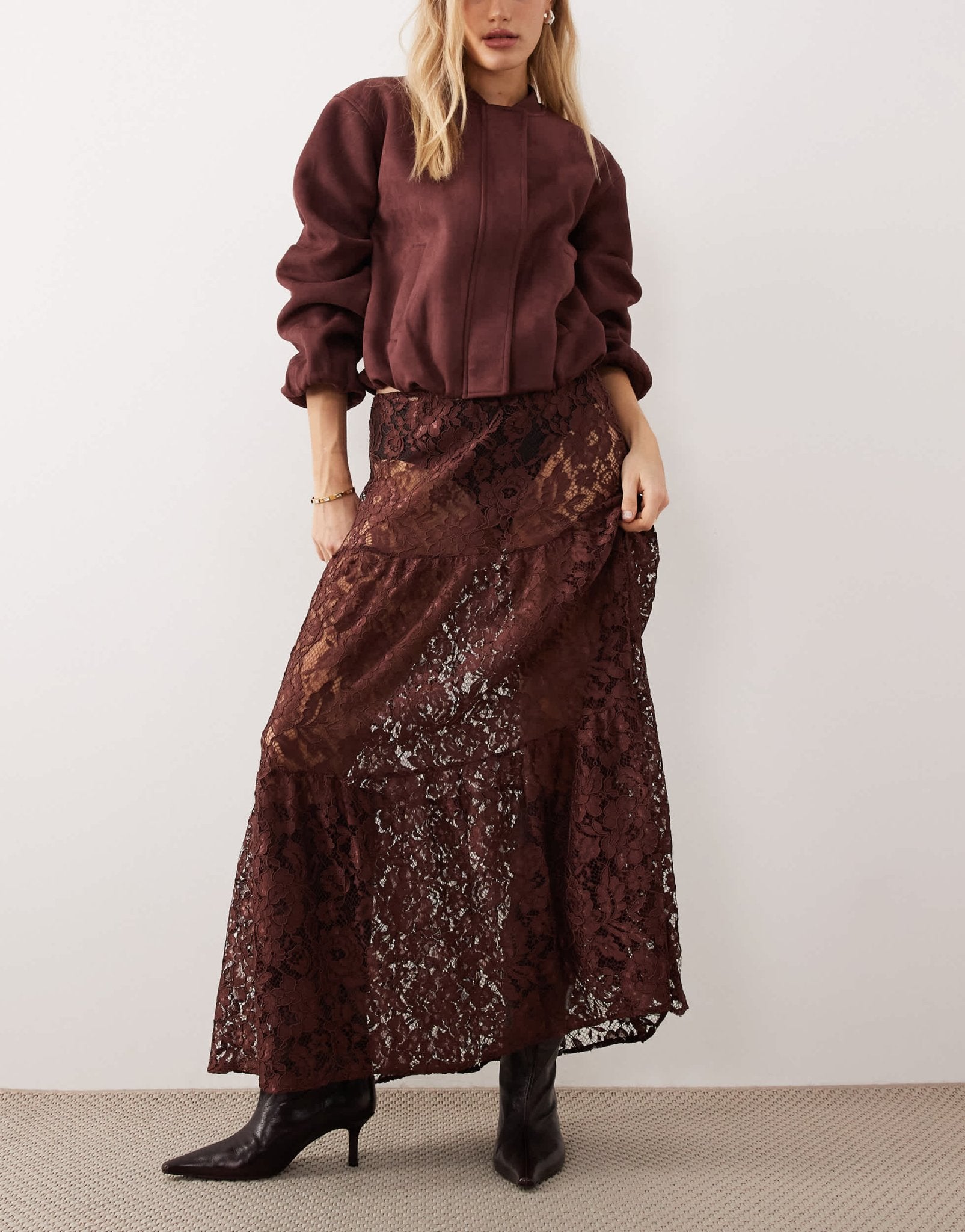 ASOS DESIGN lace tiered maxi skirt in chocolate - ASOS Sample Sale EU Store