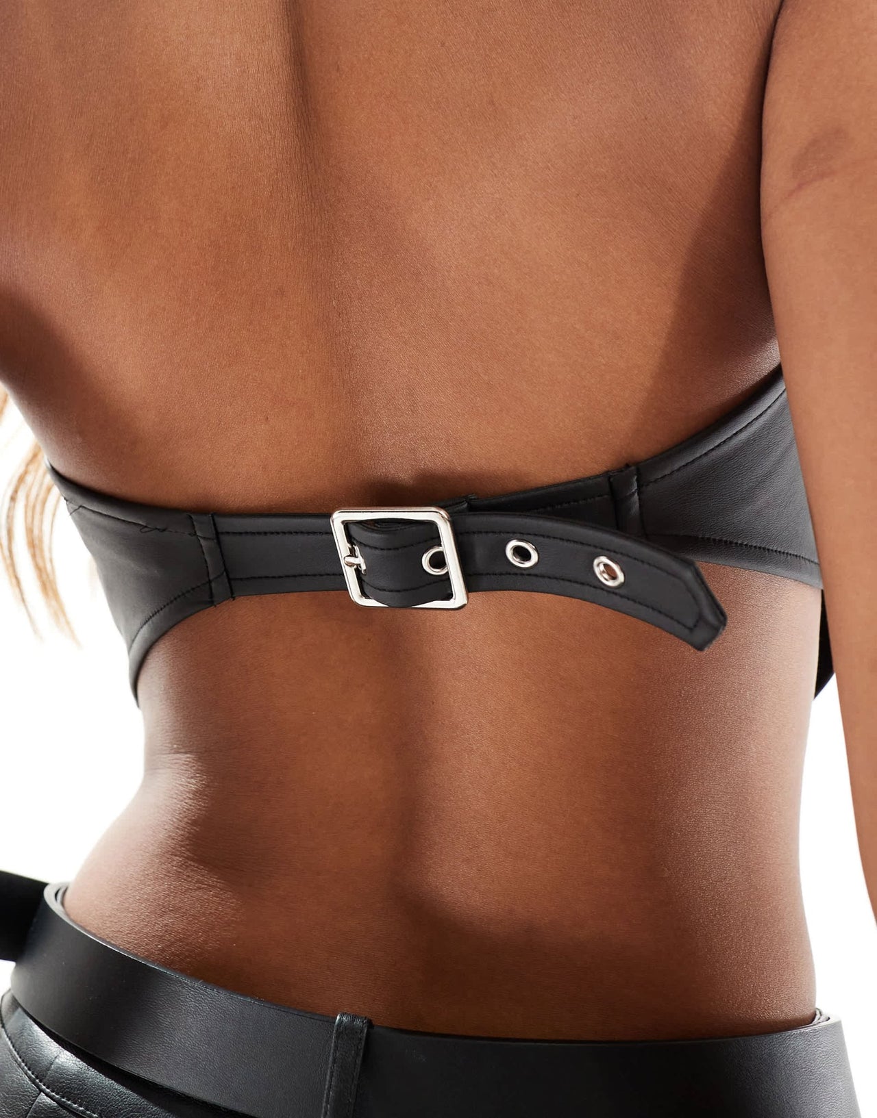 ASOS DESIGN leather look bandeau scarf hem top with buckle strap in black - ASOS Sample Sale EU Store