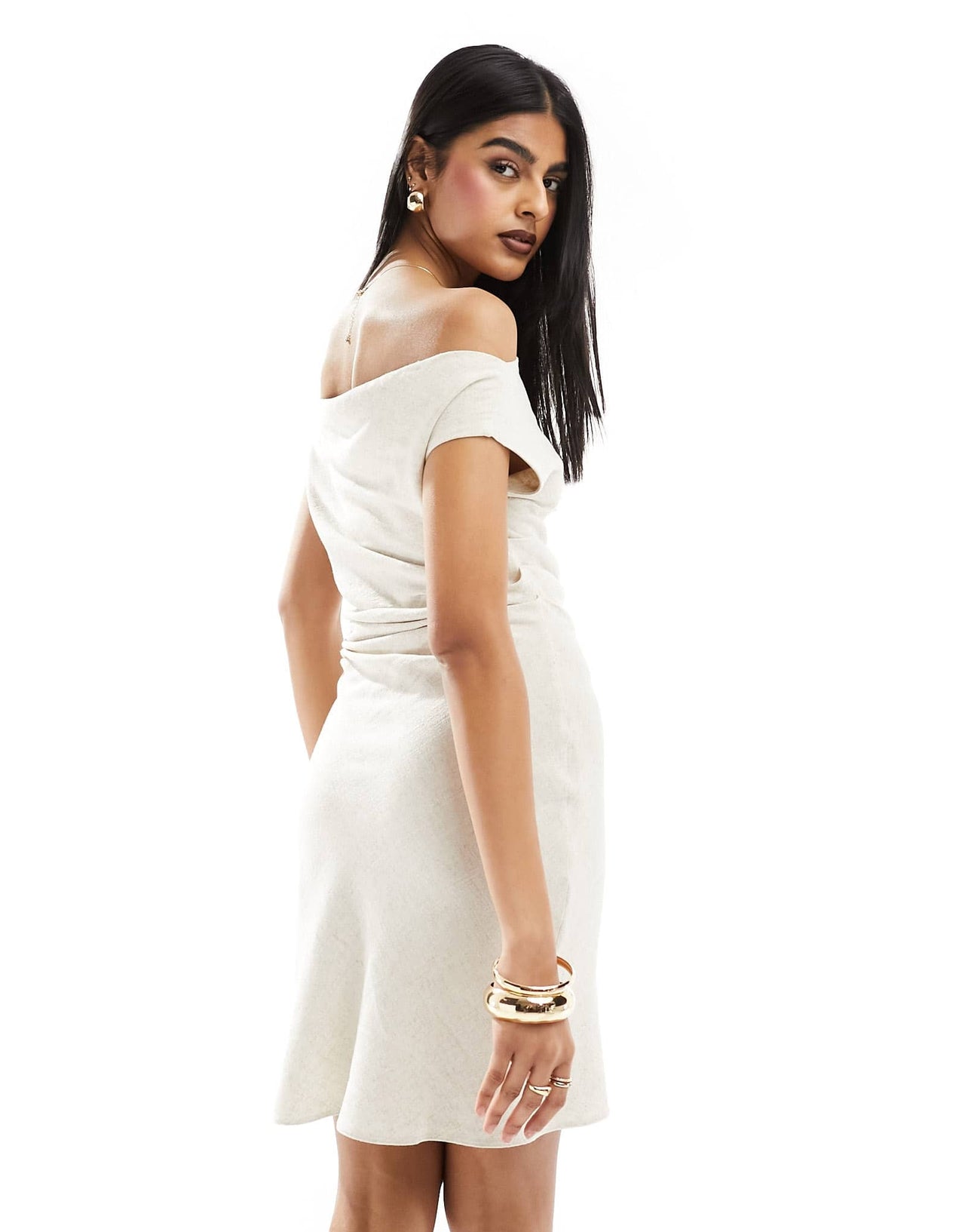 ASOS DESIGN linen bardot bias cut mini dress with waist gathers in oatmeal - ASOS Sample Sale EU Store