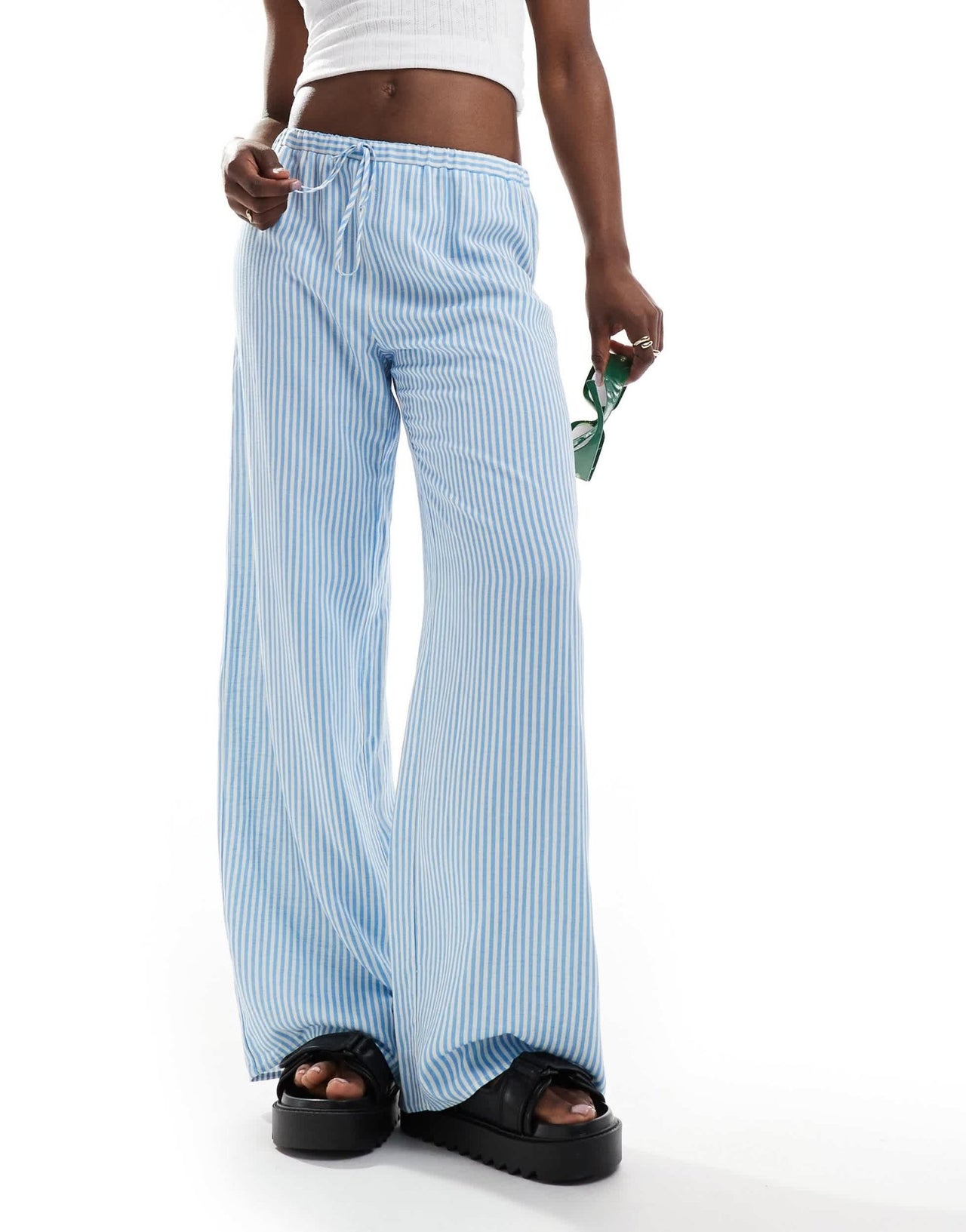 ASOS DESIGN linen blend pull on wide leg trouser in blue stripe - ASOS Sample Sale EU Store
