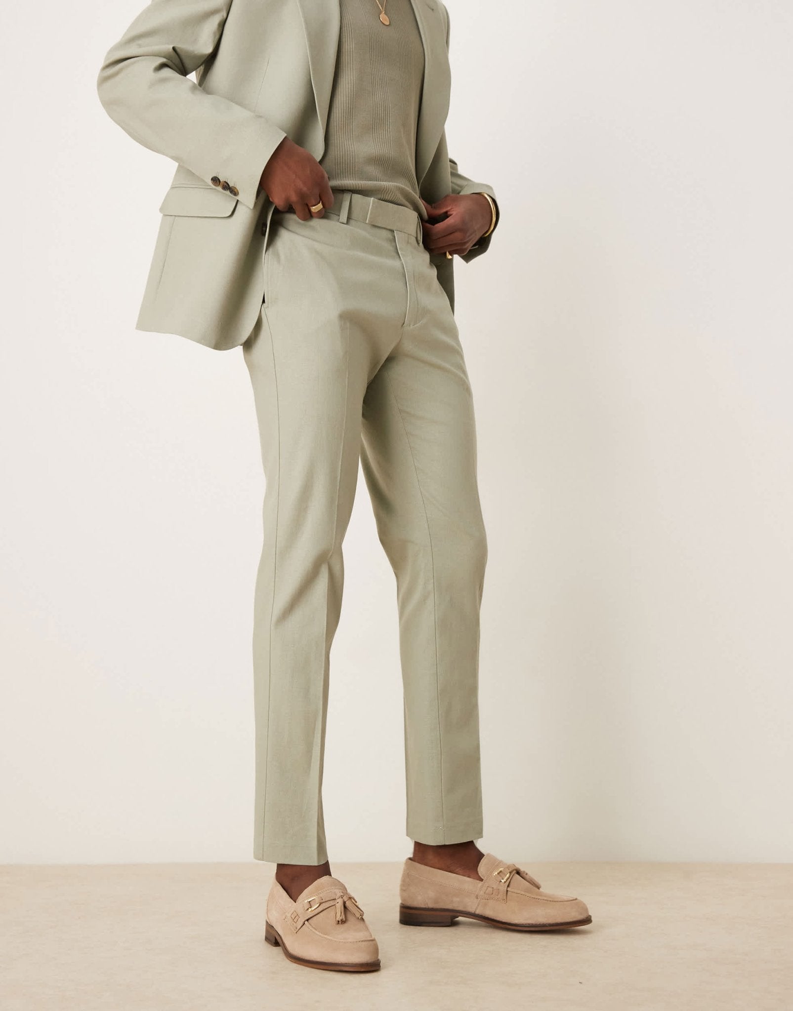 ASOS DESIGN linen blend slim suit trousers in sage green - ASOS Sample Sale EU Store
