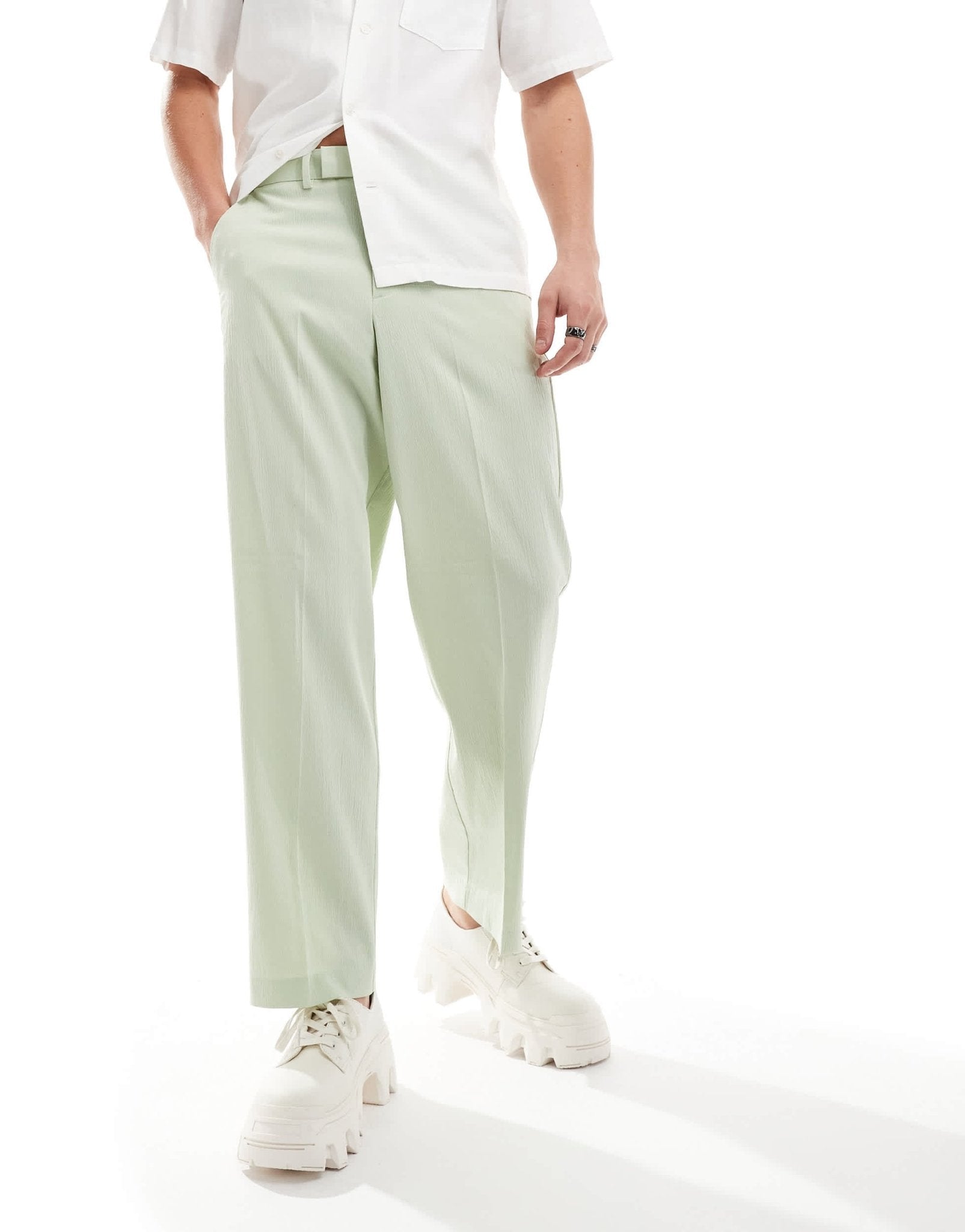 ASOS DESIGN linen blend wide leg smart trousers in sage green crinkle - ASOS Sample Sale EU Store