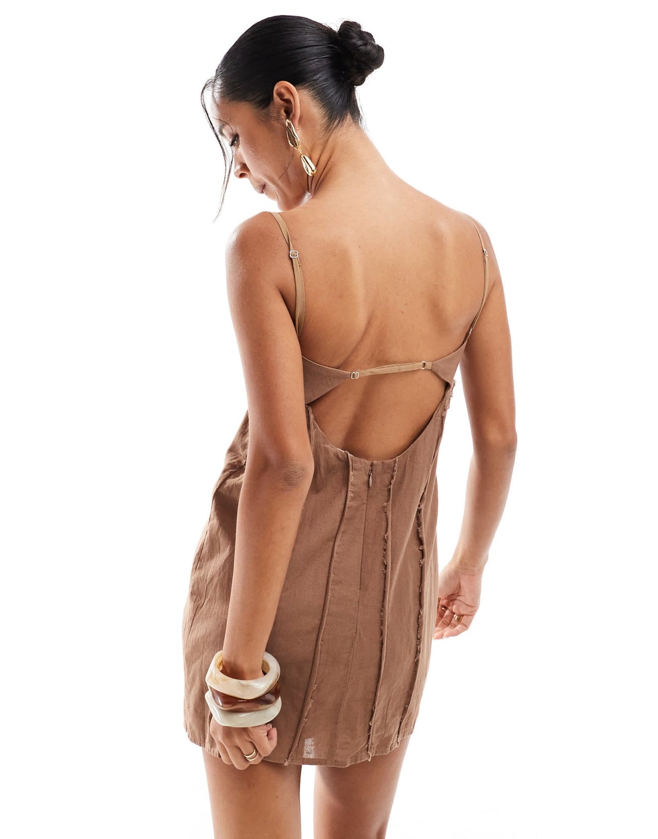 ASOS DESIGN linen corset panelled mini dress with exposed frayed seaming in brown - ASOS Sample Sale EU Store