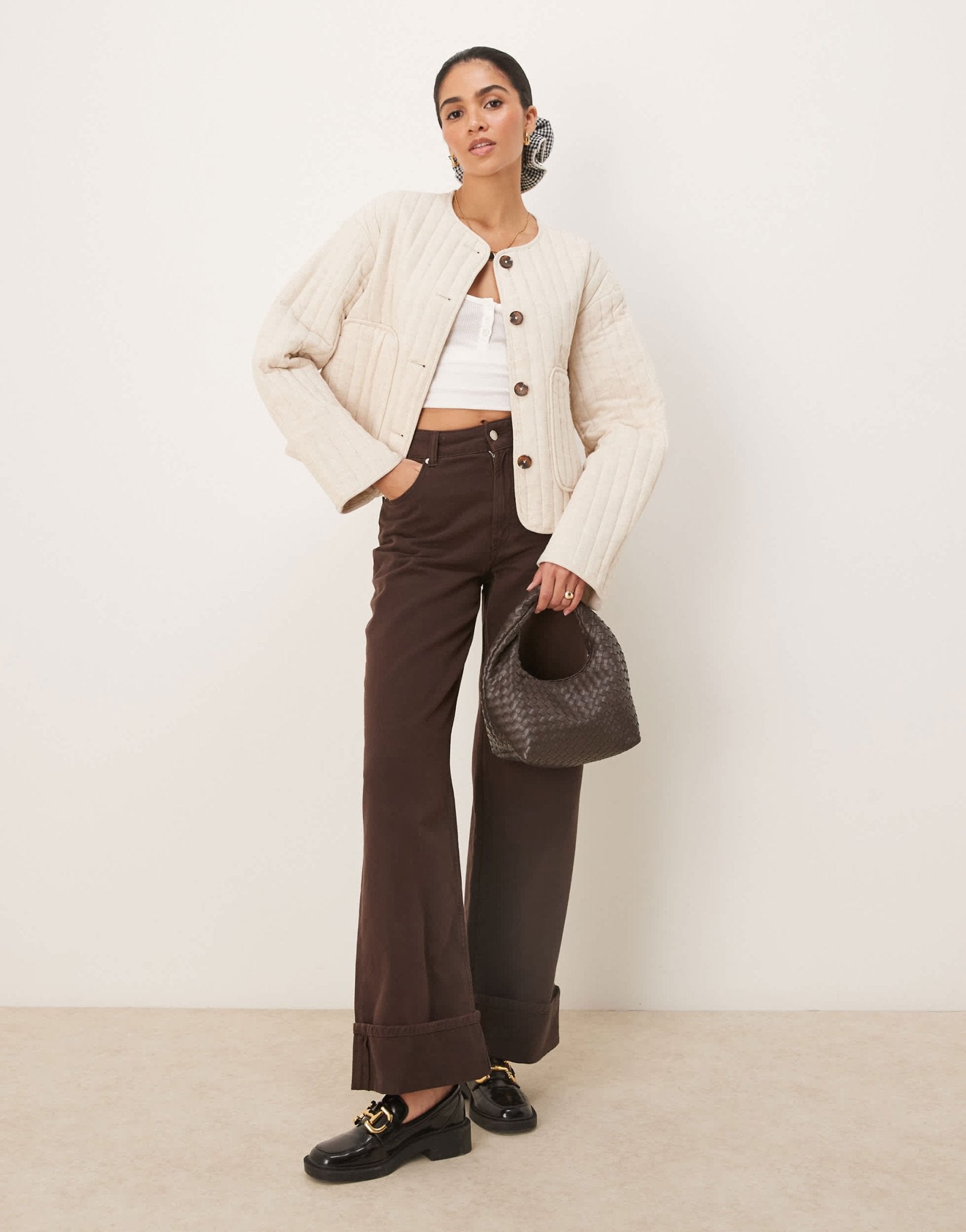 ASOS DESIGN linen crop collarless quilted jacket in oatmeal - ASOS Sample Sale EU Store