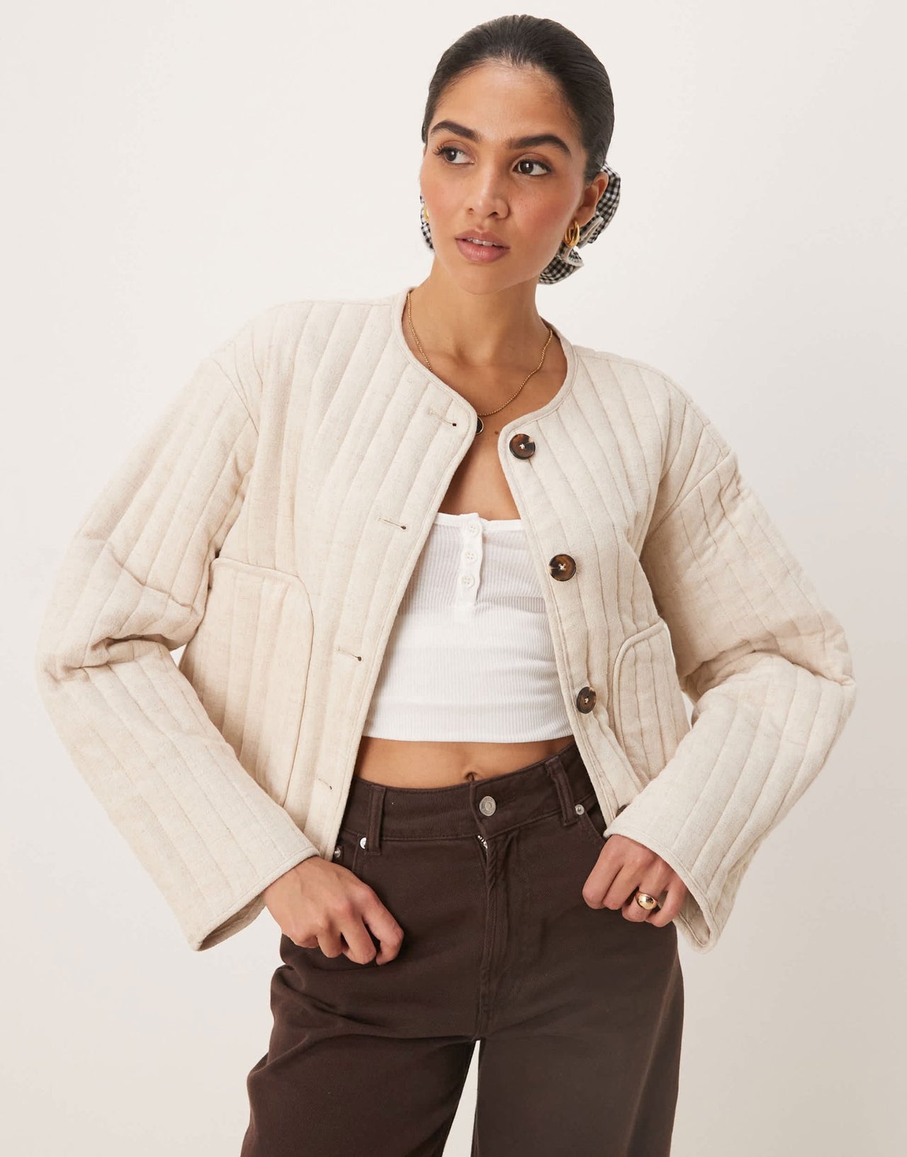 ASOS DESIGN linen crop collarless quilted jacket in oatmeal - ASOS Sample Sale EU Store