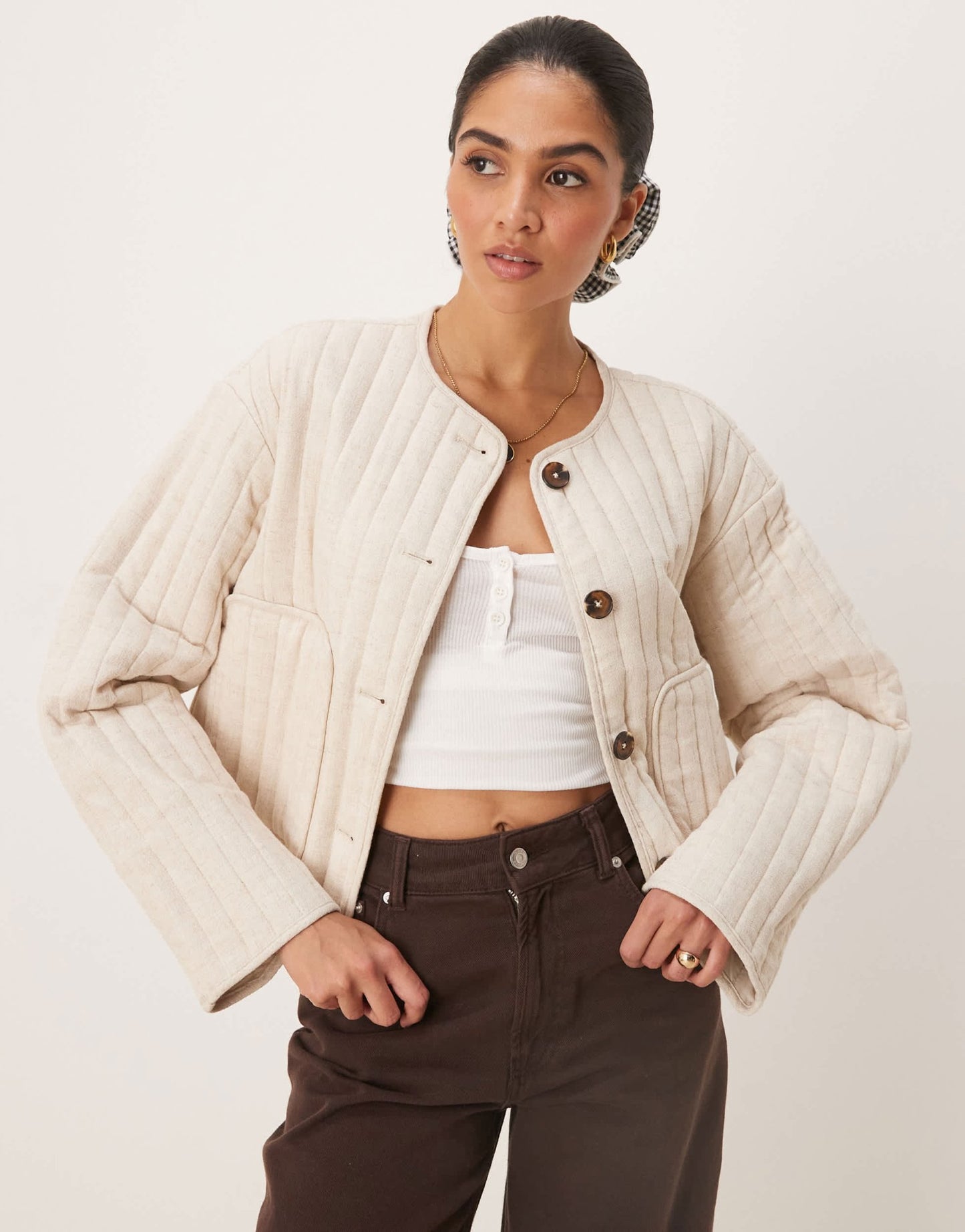 ASOS DESIGN linen crop collarless quilted jacket in oatmeal - ASOS Sample Sale EU Store