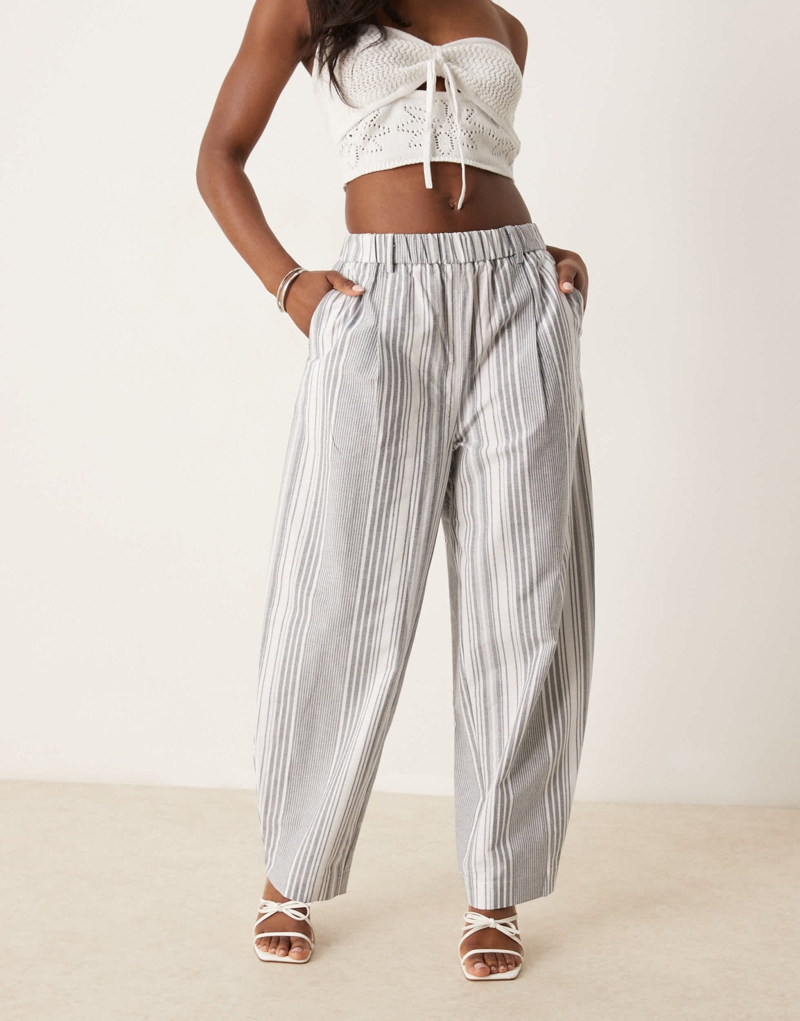 ASOS DESIGN linen look barrel trousers in black stripe - ASOS Sample Sale EU Store