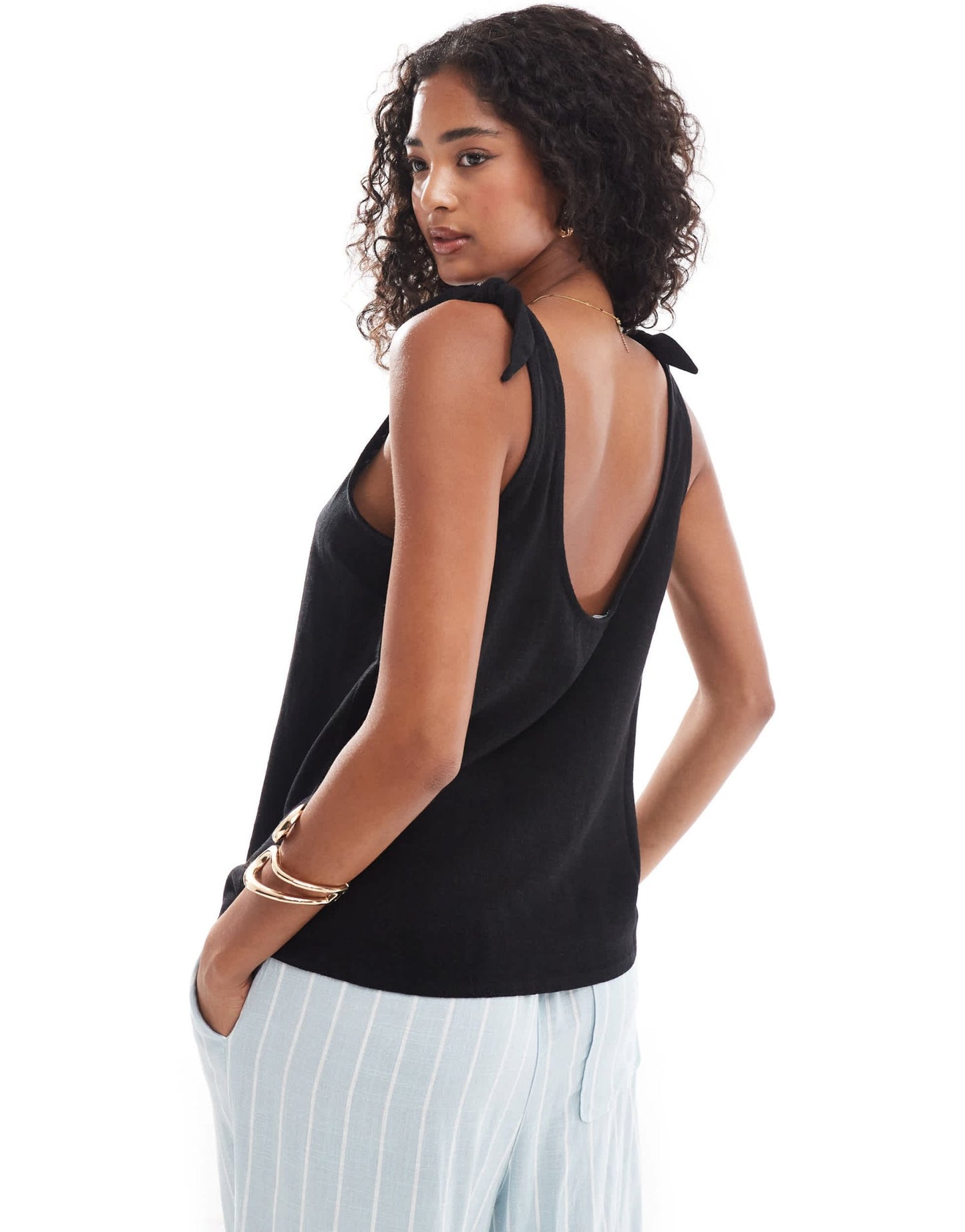 ASOS DESIGN linen look cami with tie straps in black - ASOS Sample Sale EU Store