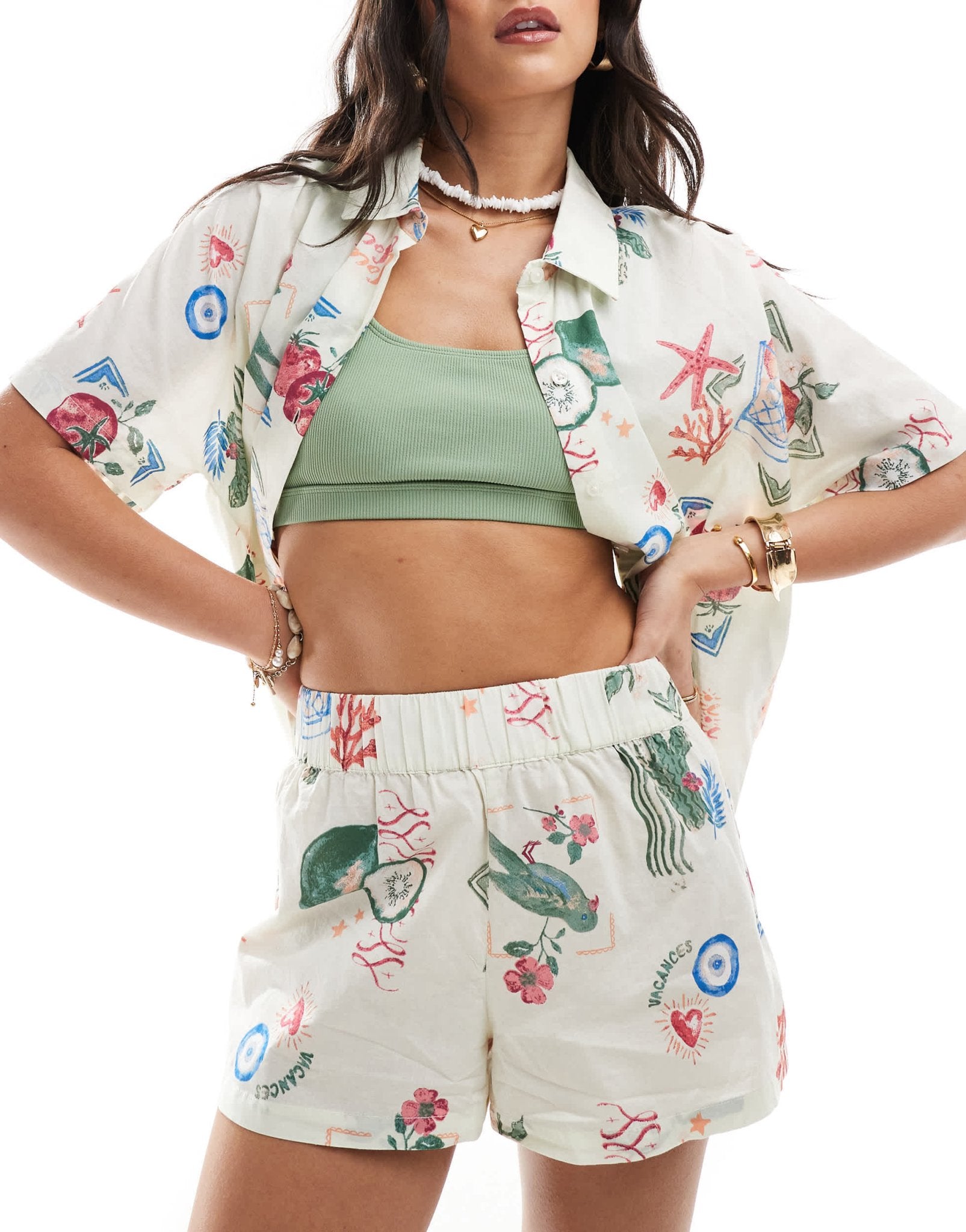 ASOS DESIGN linen look co - ord beach short in postcard print - ASOS Sample Sale EU Store
