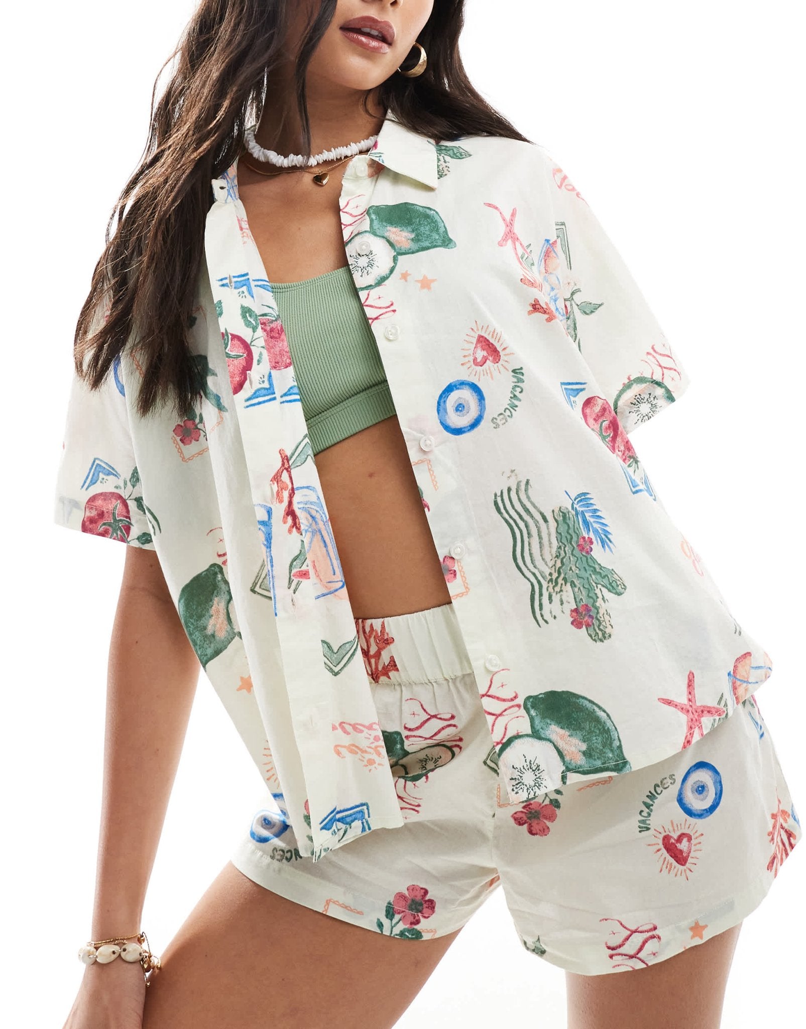 ASOS DESIGN linen look co - ord boxy beach shirt in postcard print - ASOS Sample Sale EU Store