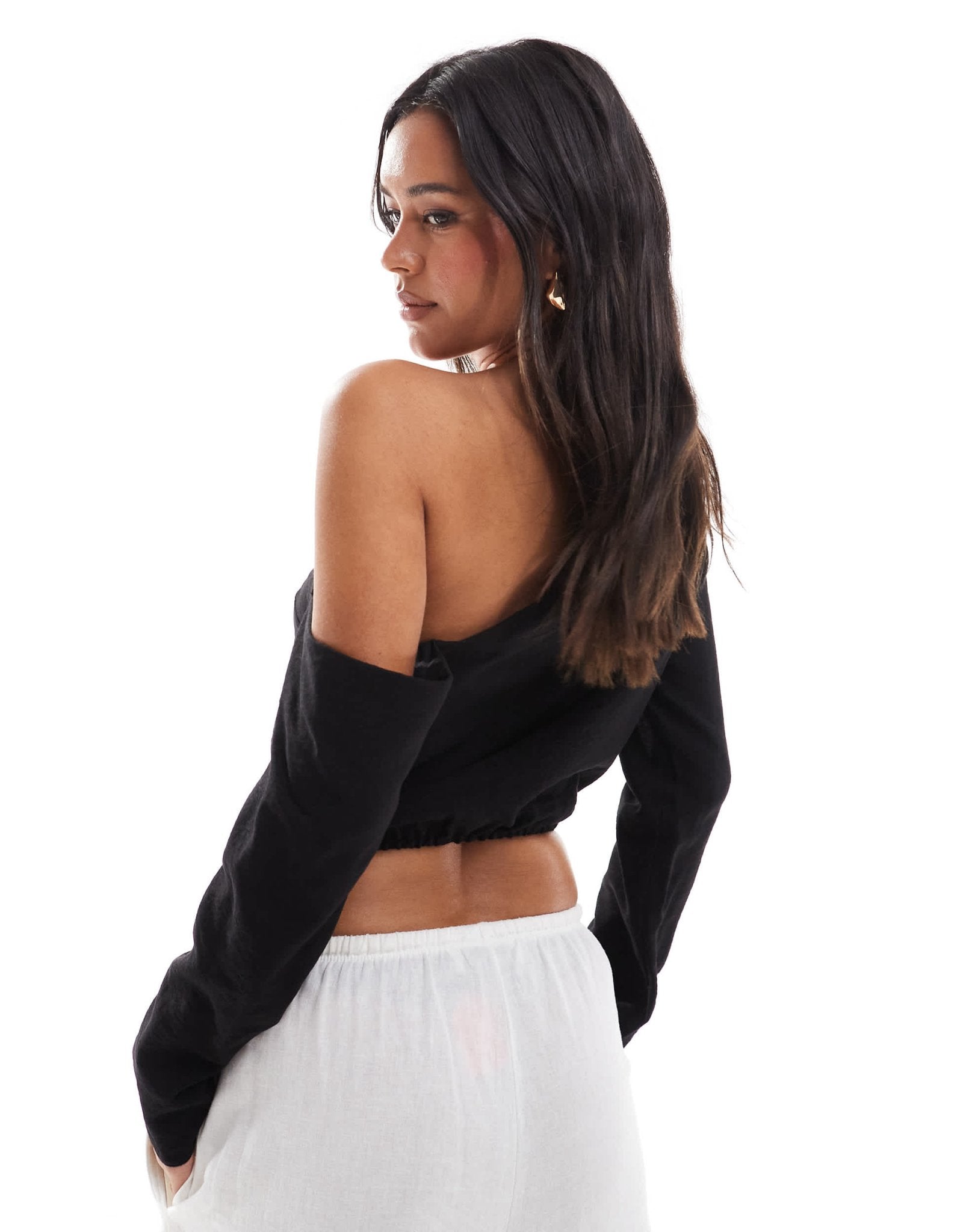 ASOS DESIGN linen look off shoulder top in black - ASOS Sample Sale EU Store