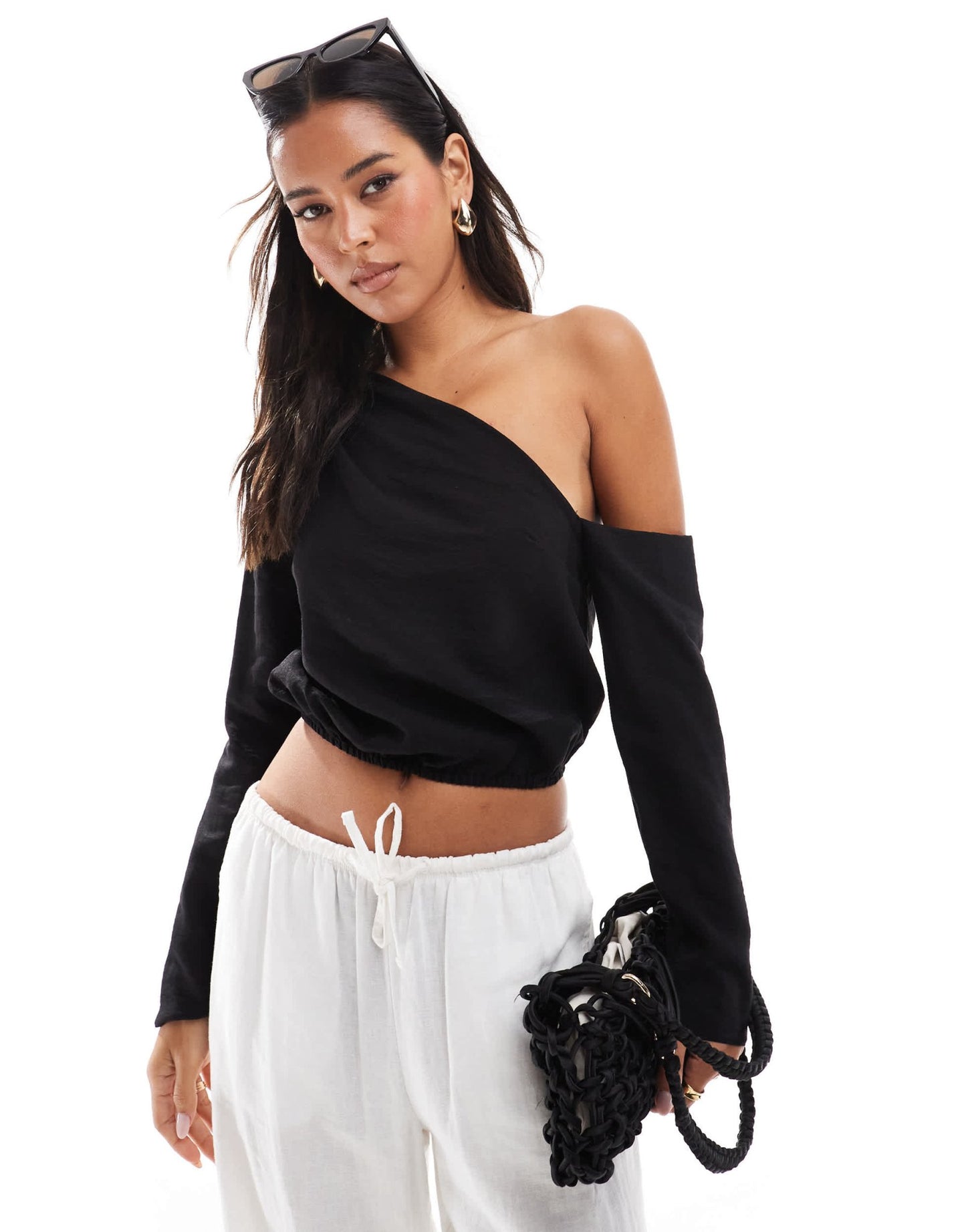 ASOS DESIGN linen look off shoulder top in black - ASOS Sample Sale EU Store