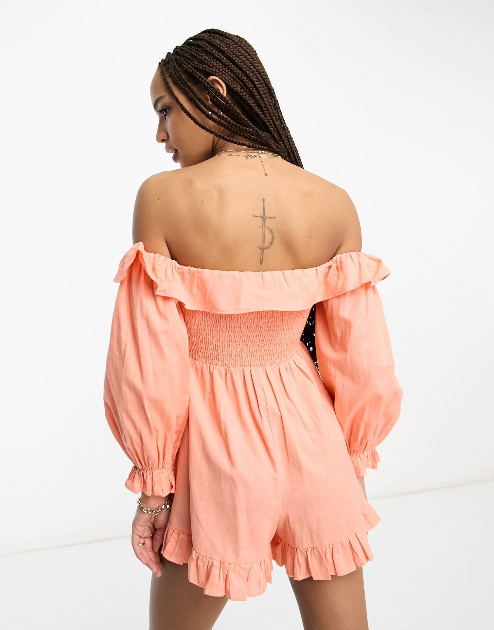 ASOS DESIGN linen look shirred bodice playsuit with bardot long sleeve in coral - ASOS Sample Sale EU Store