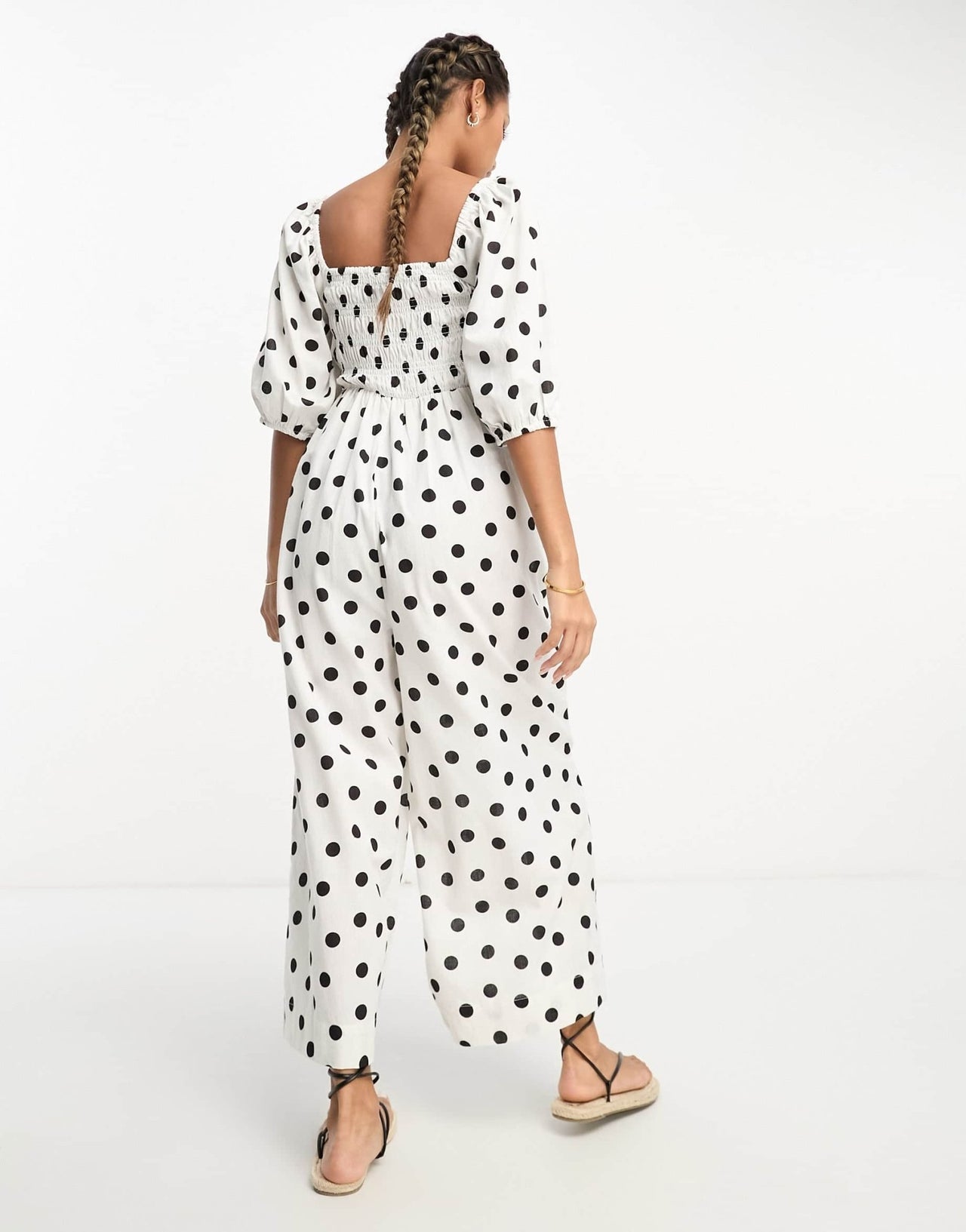 ASOS DESIGN linen look shirred bodice puff sleeve jumpsuit in mono spot print - ASOS Sample Sale EU Store