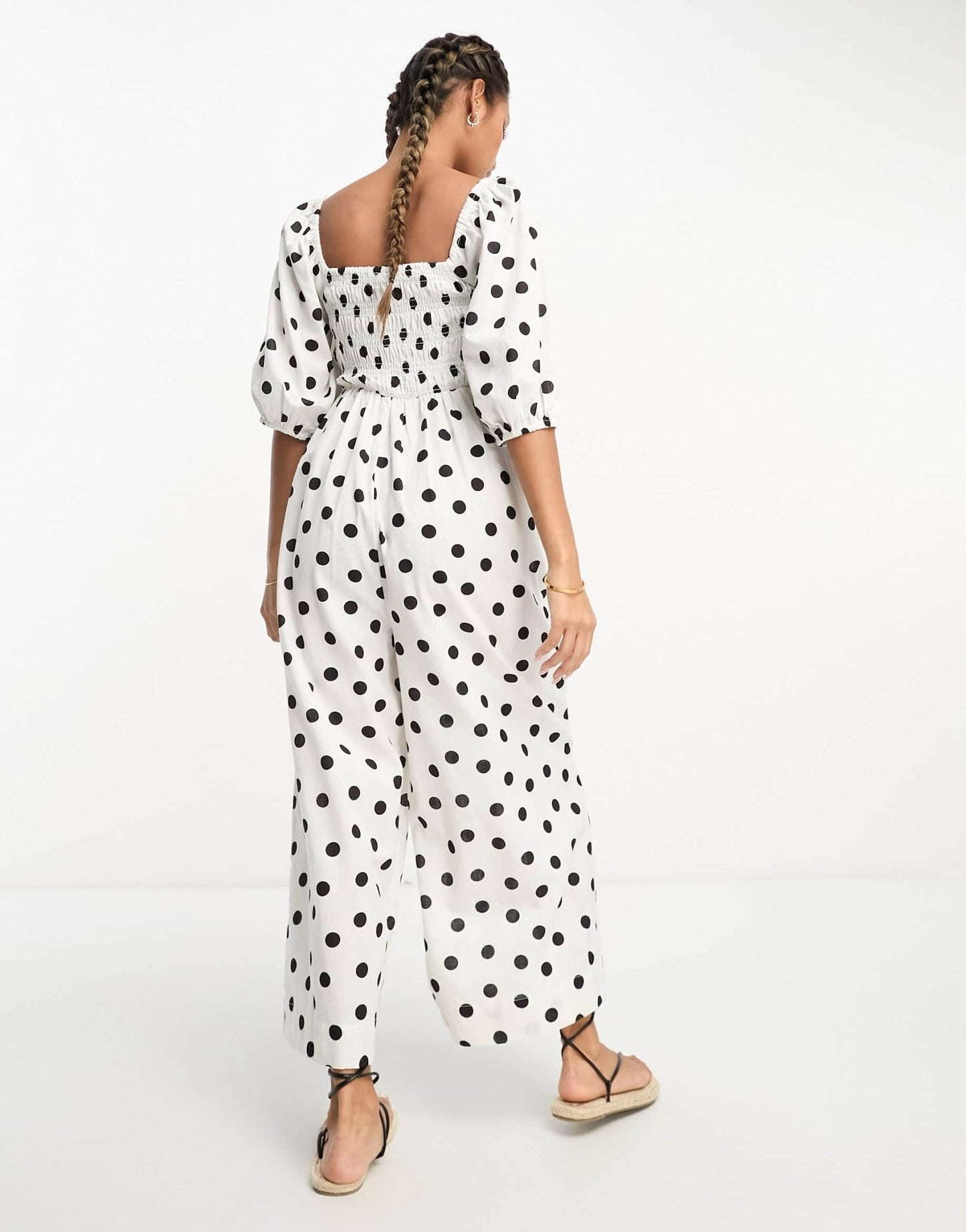 ASOS DESIGN linen look shirred bodice puff sleeve jumpsuit in mono spot print - ASOS Sample Sale EU Store