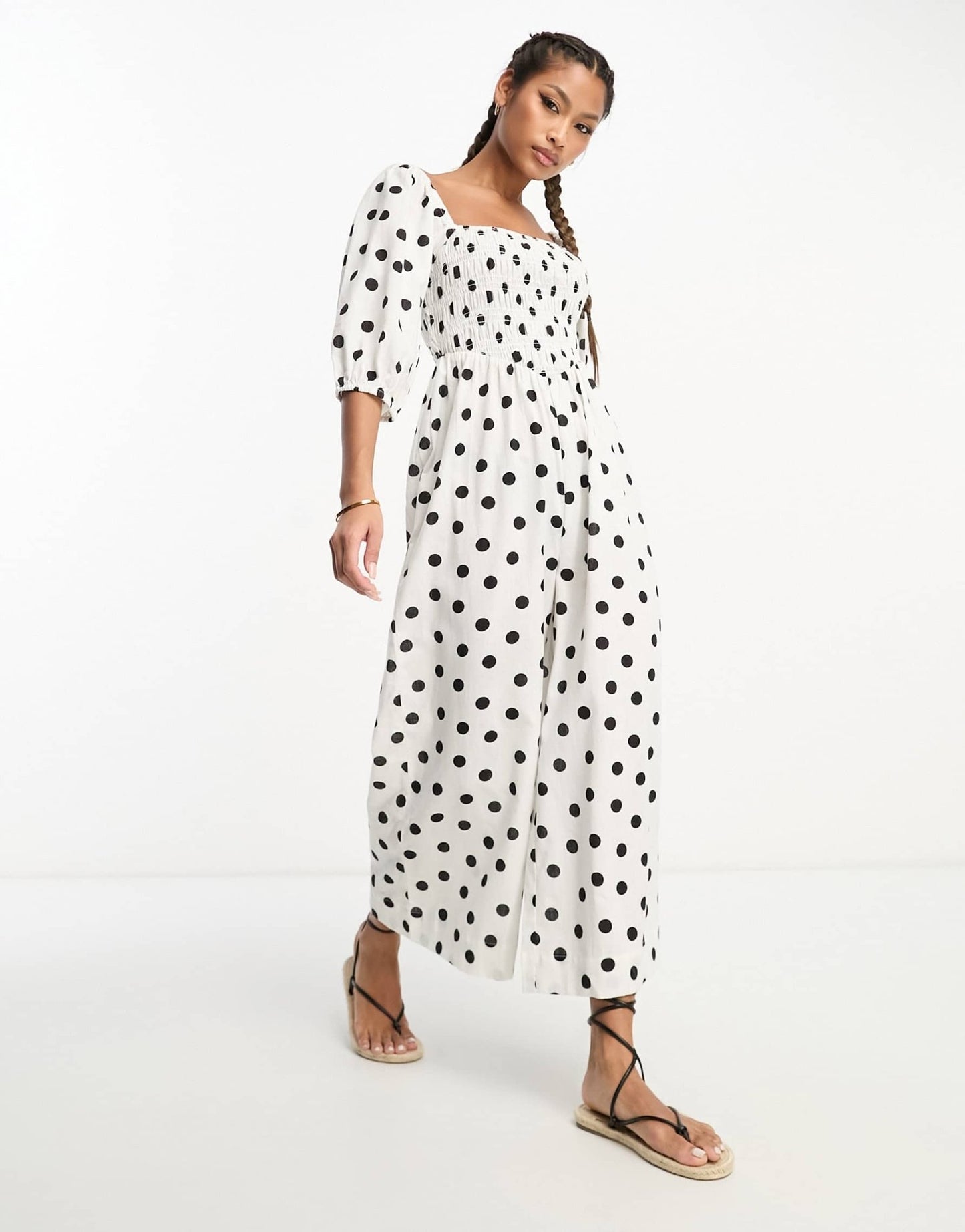 ASOS DESIGN linen look shirred bodice puff sleeve jumpsuit in mono spot print - ASOS Sample Sale EU Store
