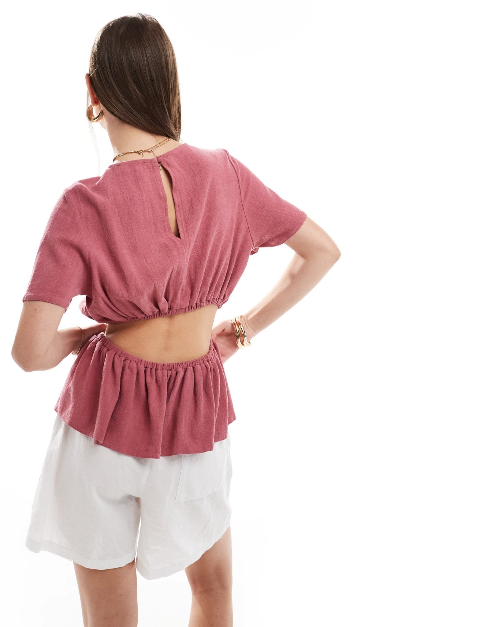 ASOS DESIGN linen look top with open back in blush - ASOS Sample Sale EU Store