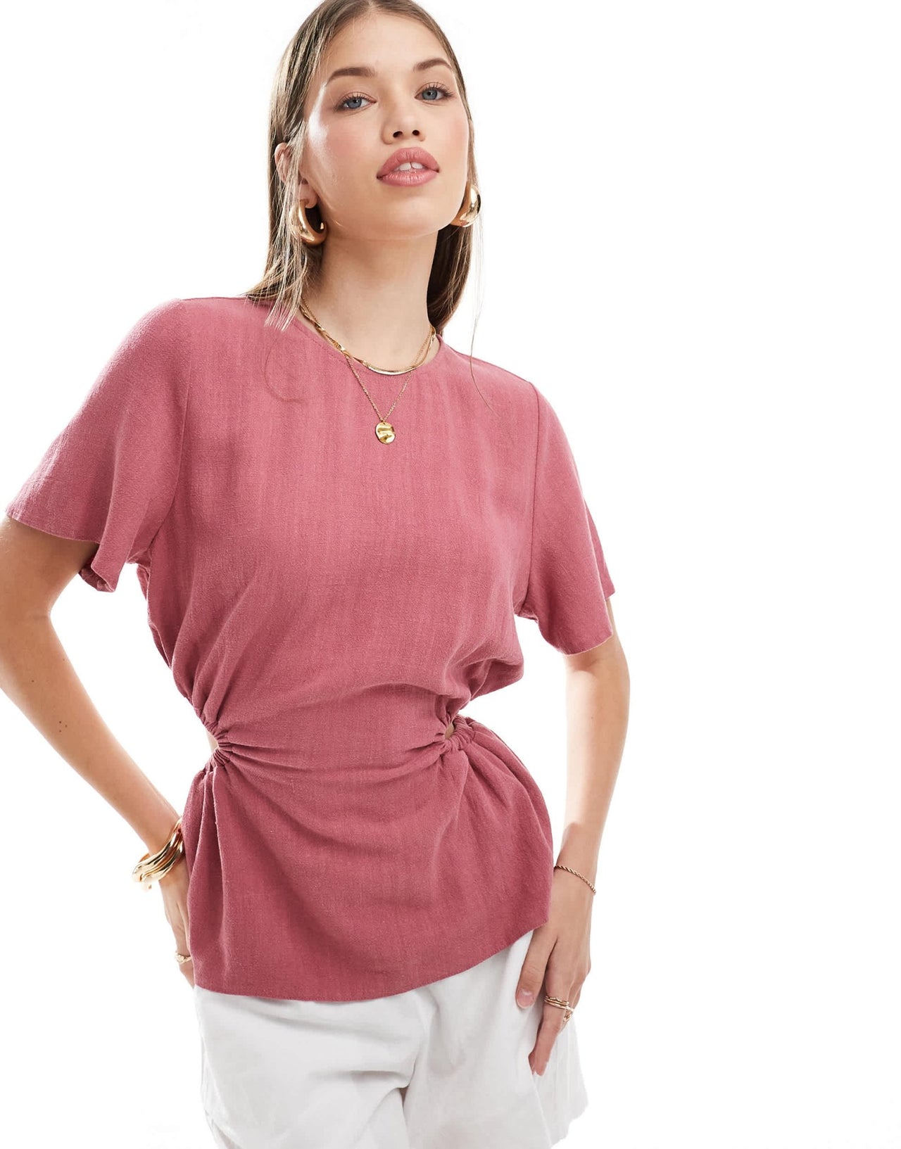 ASOS DESIGN linen look top with open back in blush - ASOS Sample Sale EU Store
