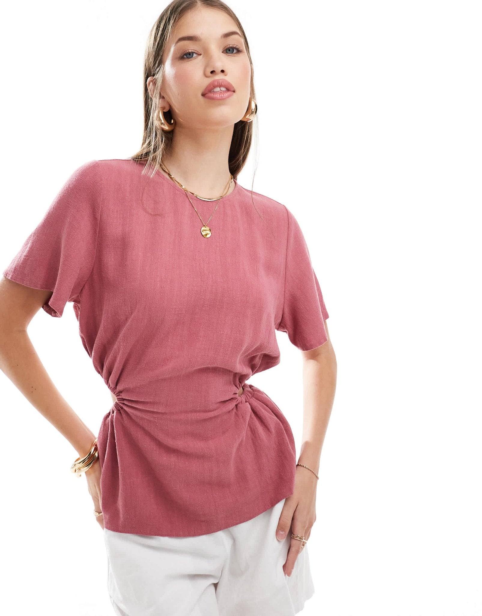 ASOS DESIGN linen look top with open back in blush - ASOS Sample Sale EU Store