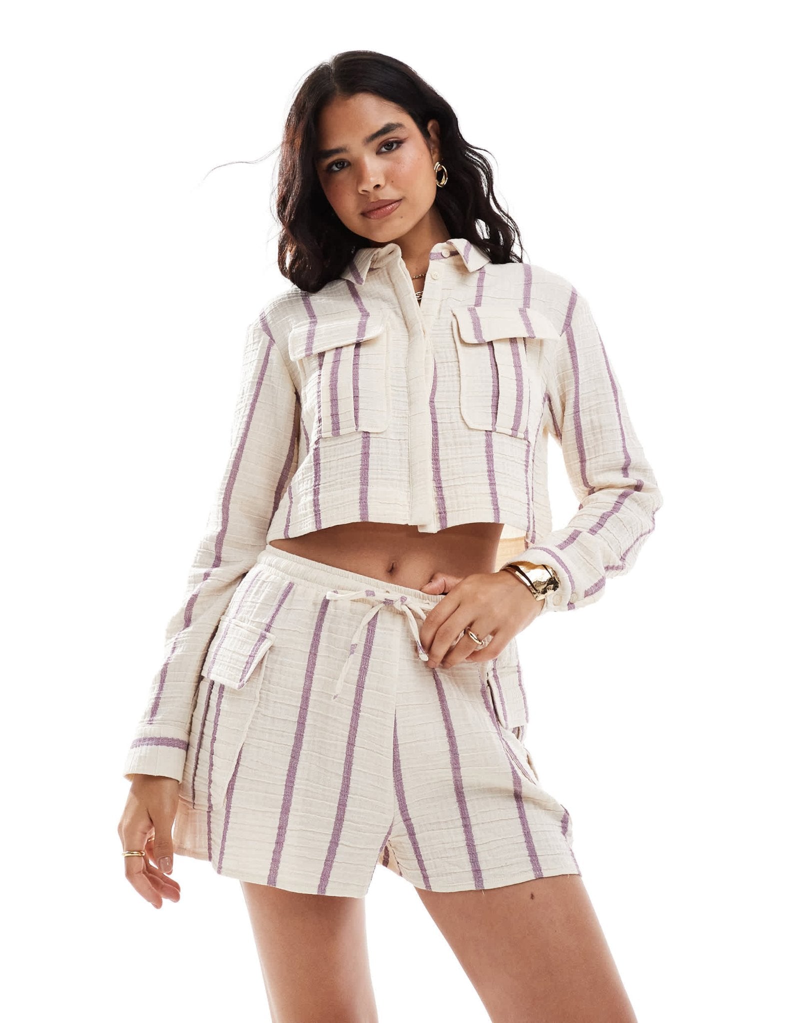ASOS DESIGN linen look utility short co - ord in purple stripe - ASOS Sample Sale EU Store