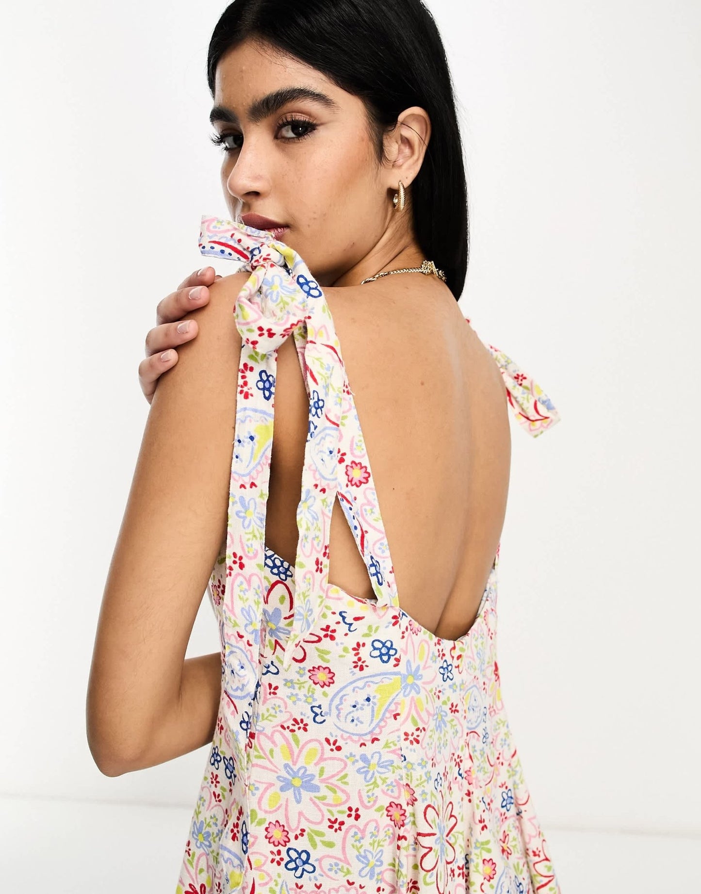 ASOS DESIGN linen tie cross strap swing mini sundress with godets in ditsy floral - ASOS Sample Sale EU Store