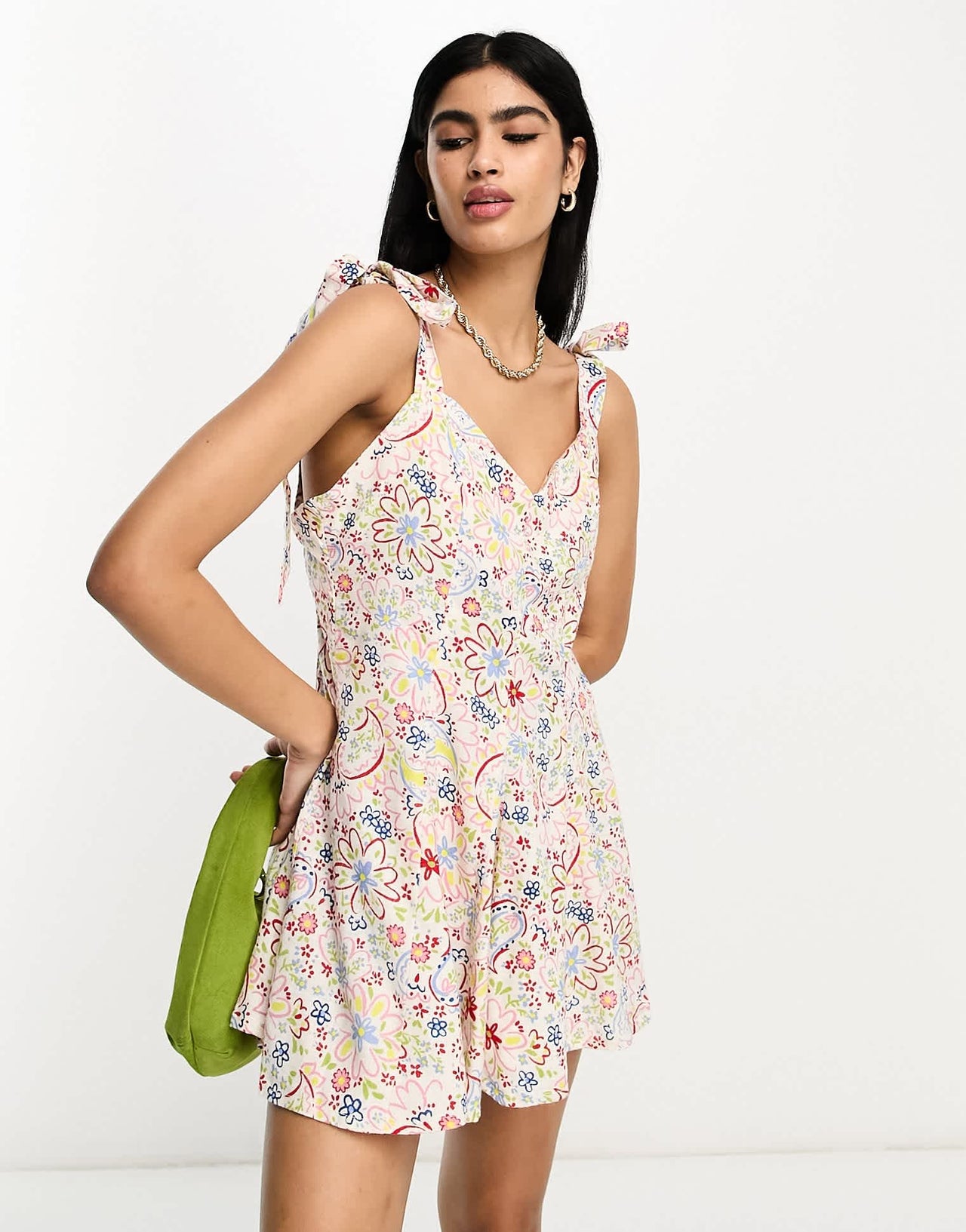 ASOS DESIGN linen tie cross strap swing mini sundress with godets in ditsy floral - ASOS Sample Sale EU Store