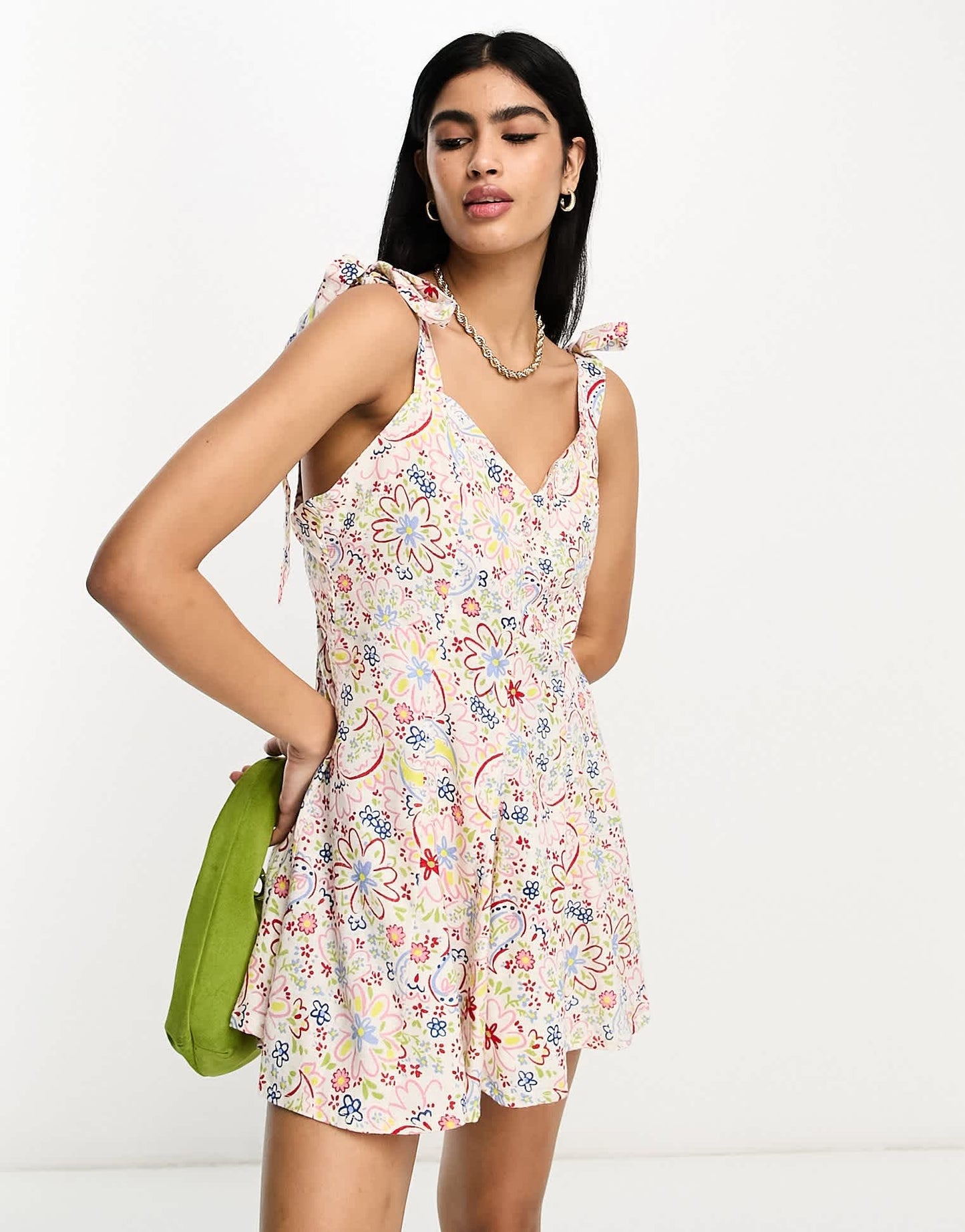 ASOS DESIGN linen tie cross strap swing mini sundress with godets in ditsy floral - ASOS Sample Sale EU Store
