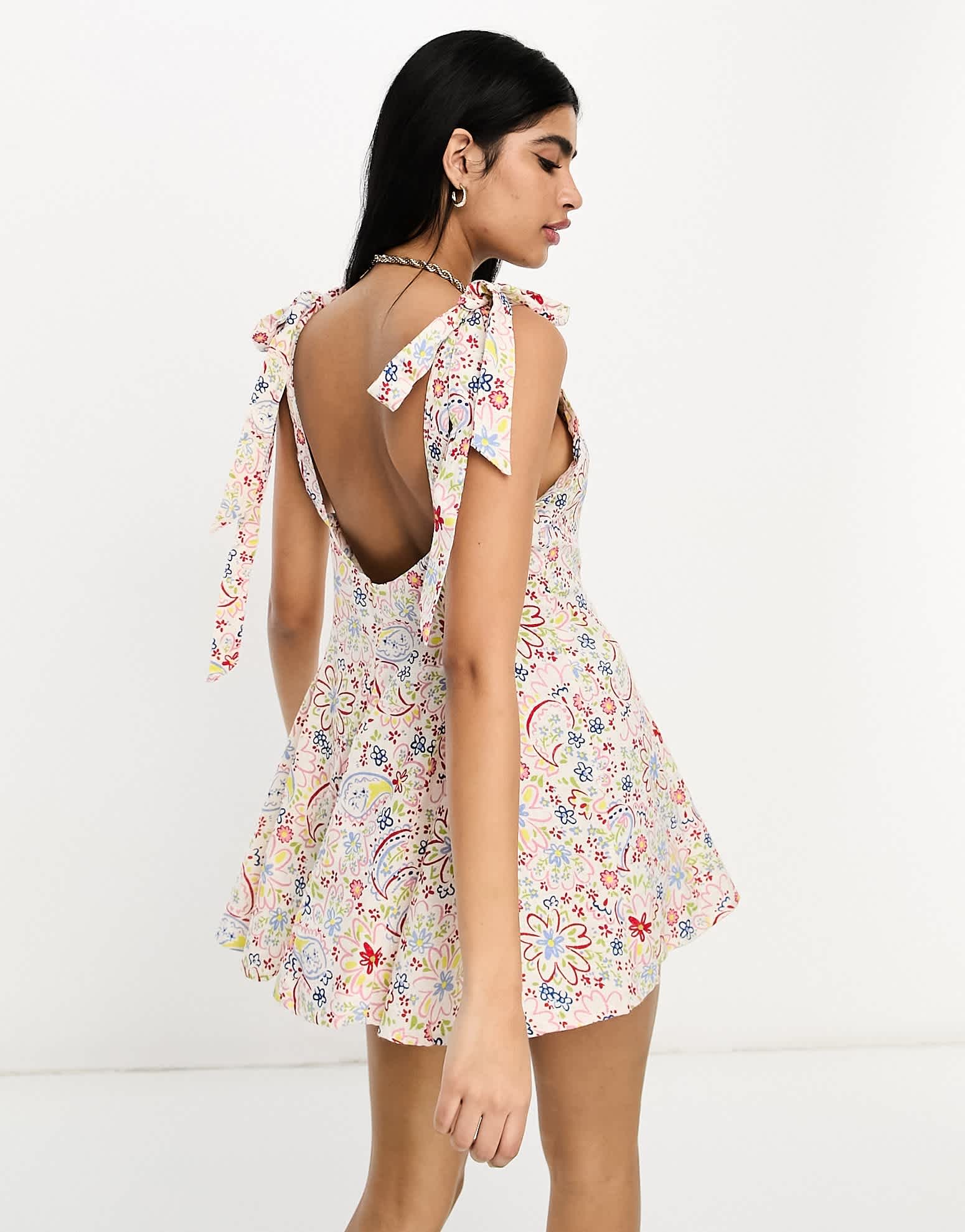 ASOS DESIGN linen tie cross strap swing mini sundress with godets in ditsy floral - ASOS Sample Sale EU Store