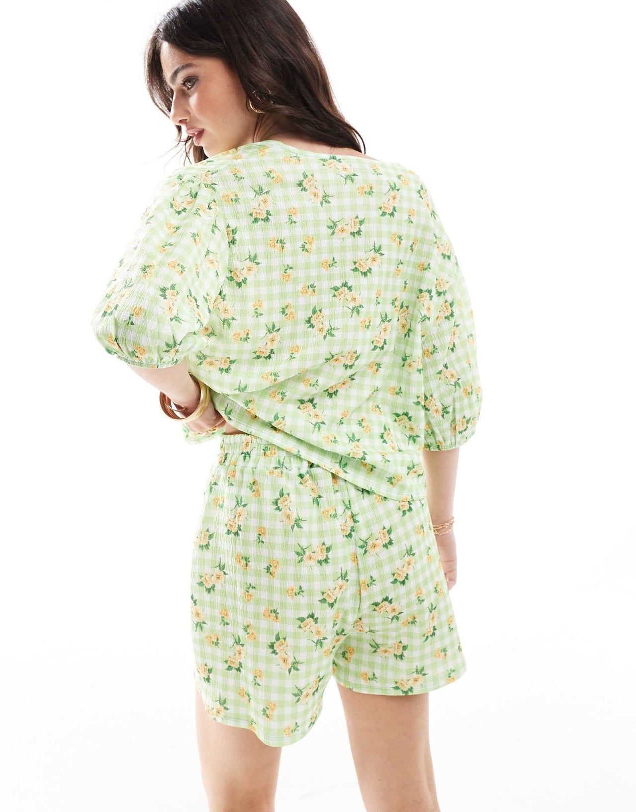 ASOS DESIGN long line short co - ord in green gingham floral print - ASOS Sample Sale EU Store