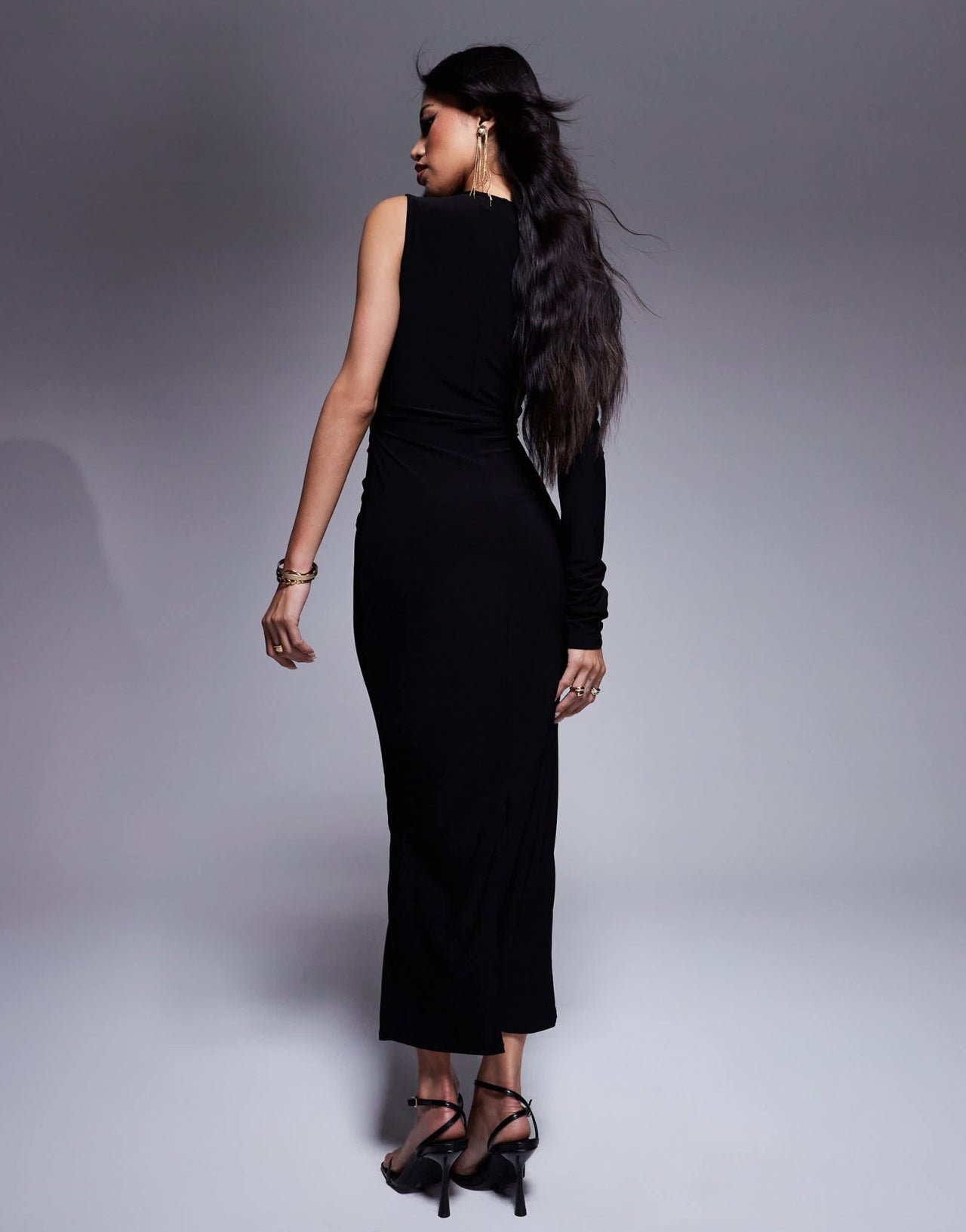 ASOS DESIGN long sleeve asymmetric cut out midi dress with trim detail in black - ASOS Sample Sale EU Store