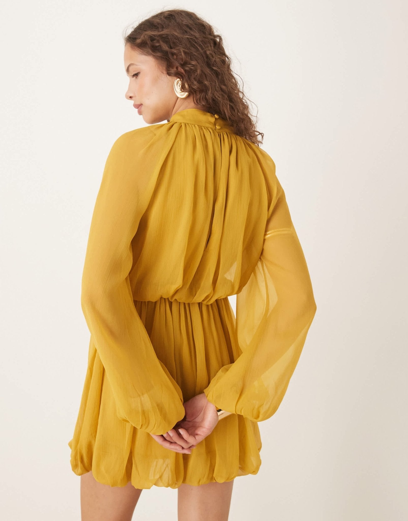 ASOS DESIGN long sleeve blouson mini dress with skirt in ochre - ASOS Sample Sale EU Store