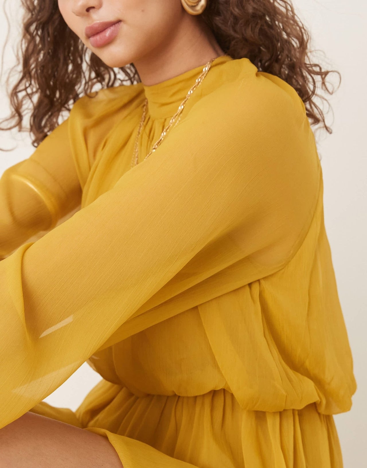 ASOS DESIGN long sleeve blouson mini dress with skirt in ochre - ASOS Sample Sale EU Store