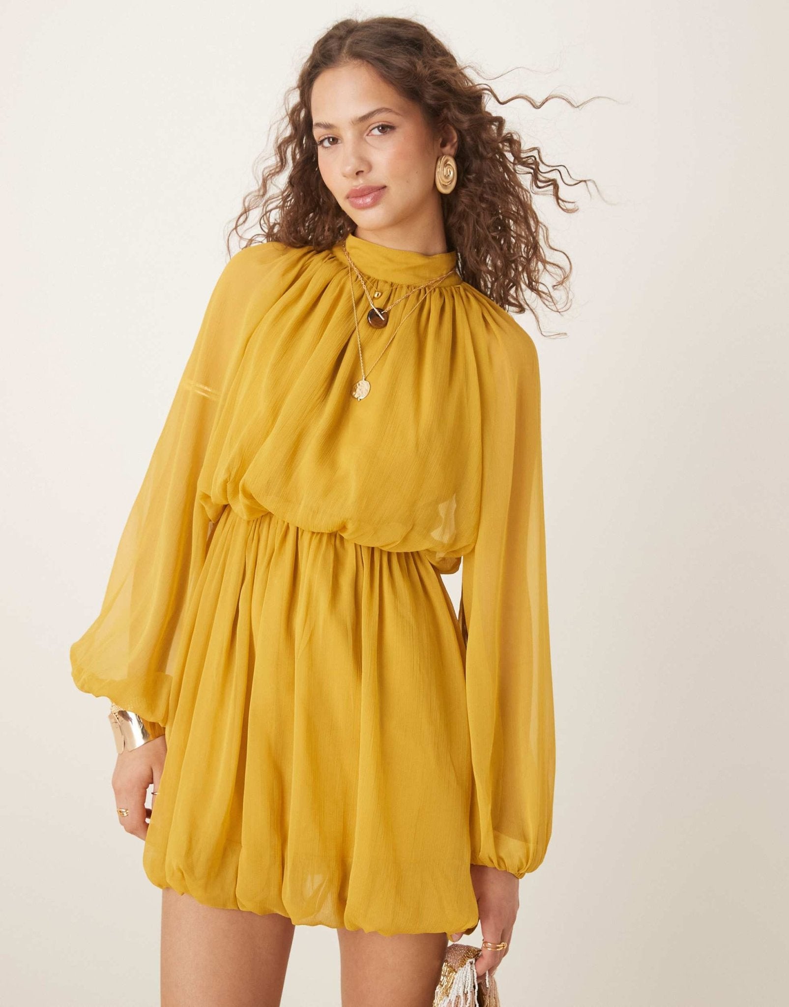 ASOS DESIGN long sleeve blouson mini dress with skirt in ochre - ASOS Sample Sale EU Store