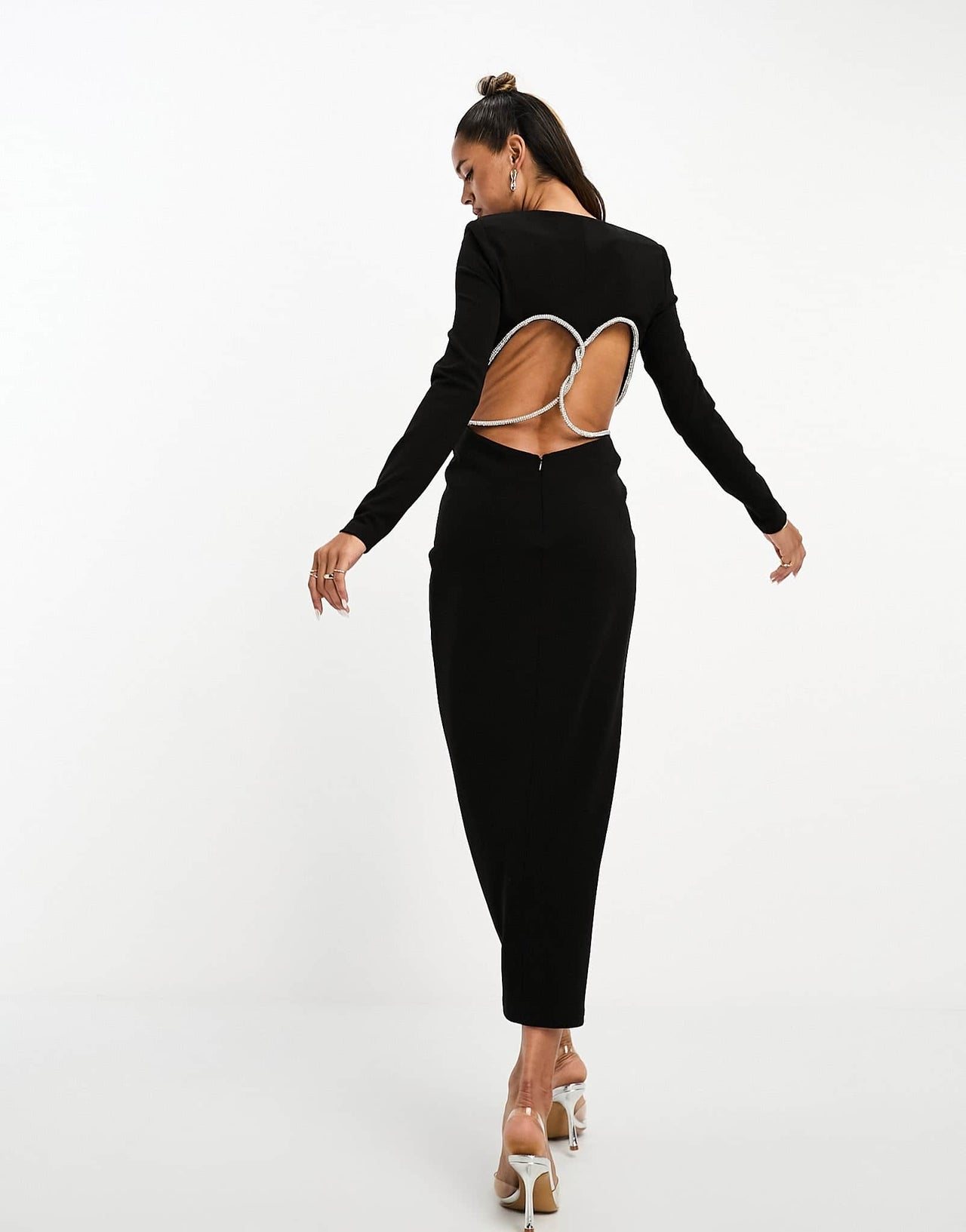 ASOS DESIGN long sleeve cut out midi dress with diamante trims in black - ASOS Sample Sale EU Store