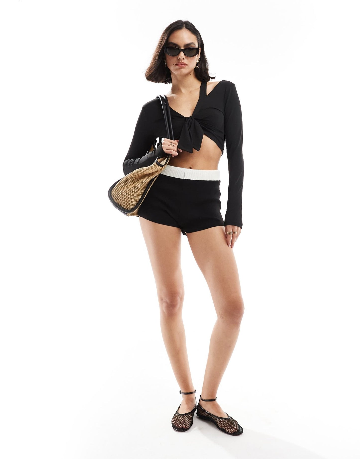 ASOS DESIGN long sleeve cut out neck tie front top in black - ASOS Sample Sale EU Store