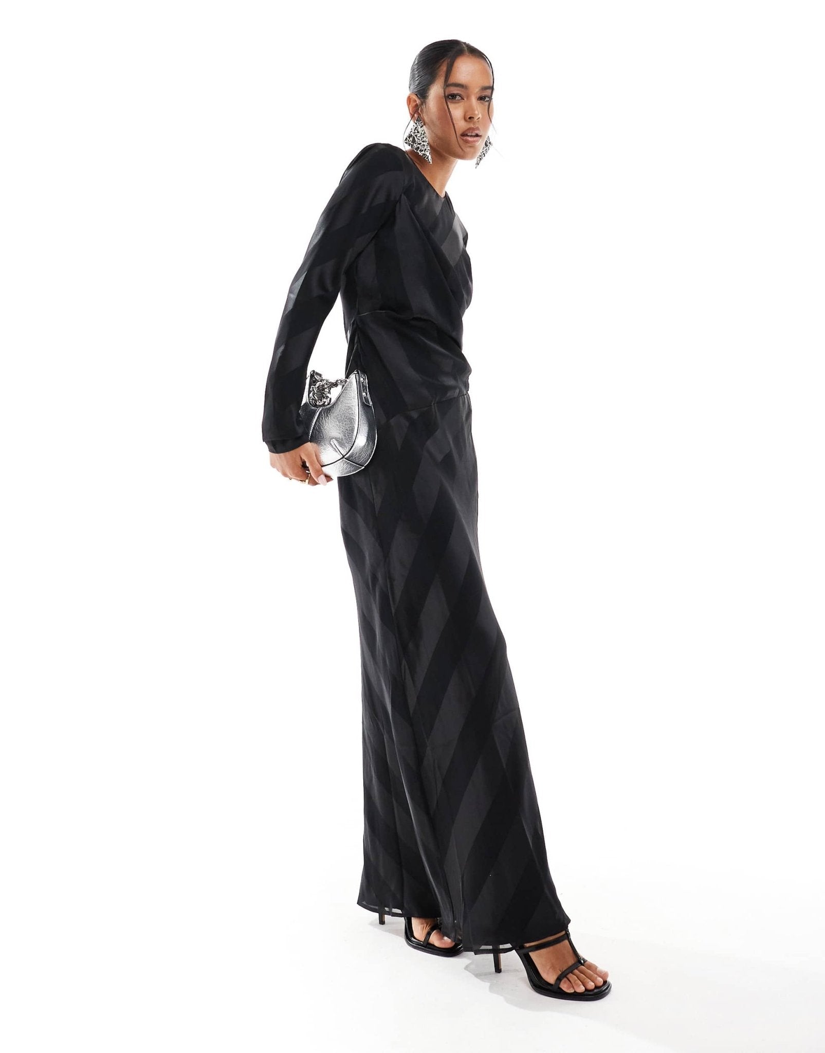 ASOS DESIGN long sleeve draped striped maxi dress in black - ASOS Sample Sale EU Store