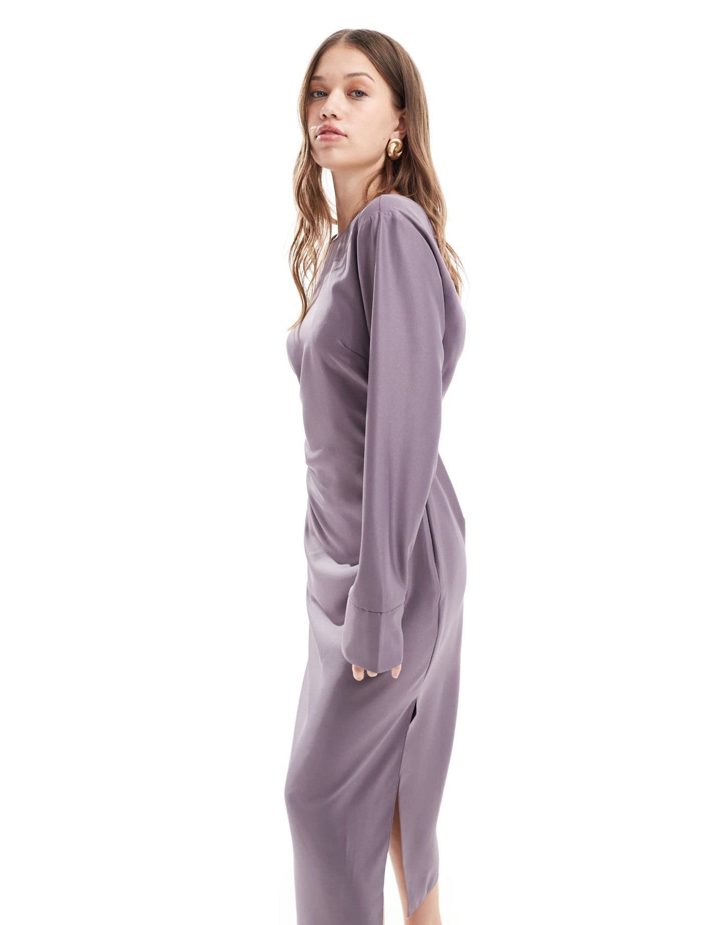 ASOS DESIGN long sleeve gathered waist midi with twist back detail in deep mauve - ASOS Sample Sale EU Store