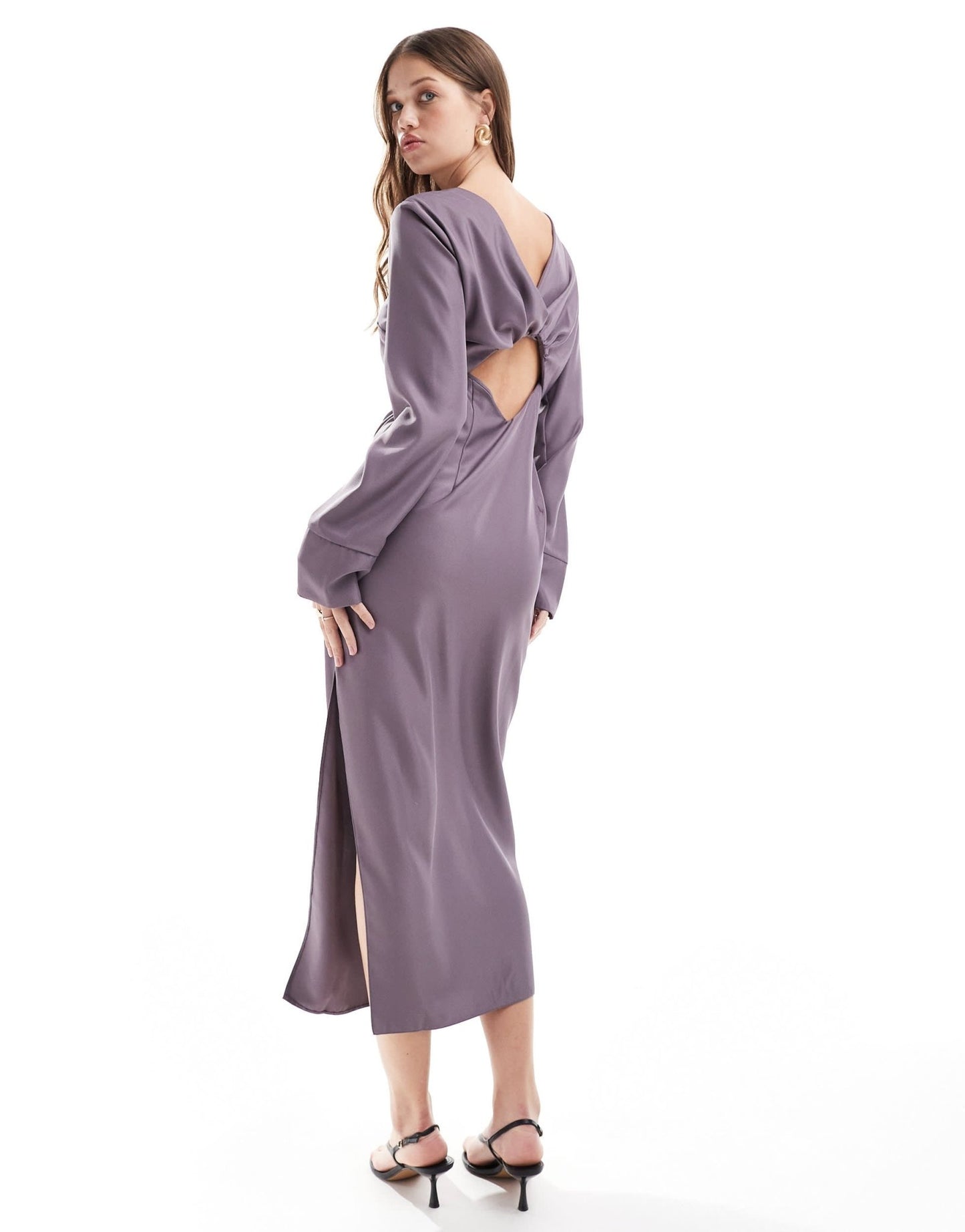 ASOS DESIGN long sleeve gathered waist midi with twist back detail in deep mauve - ASOS Sample Sale EU Store