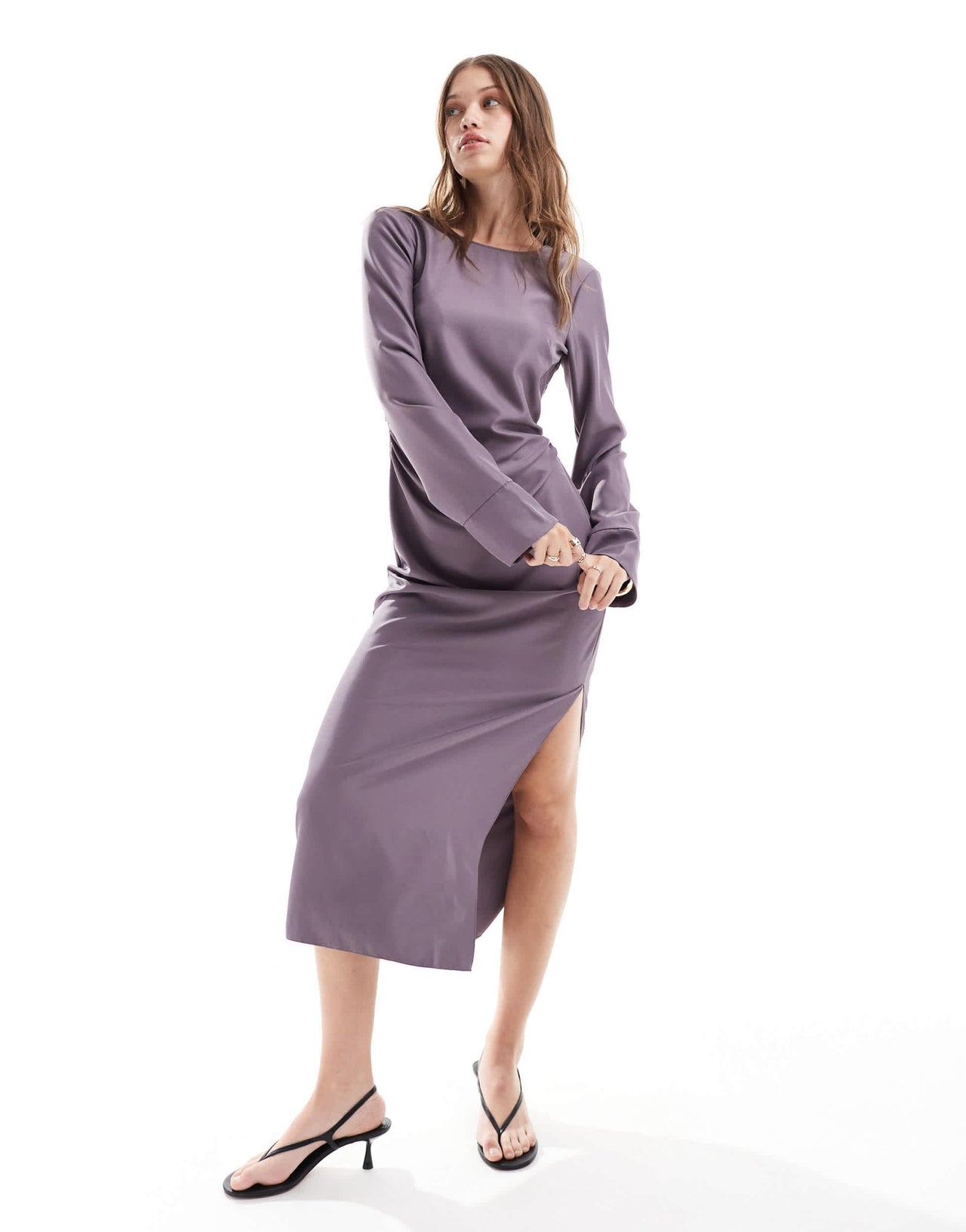 ASOS DESIGN long sleeve gathered waist midi with twist back detail in deep mauve - ASOS Sample Sale EU Store