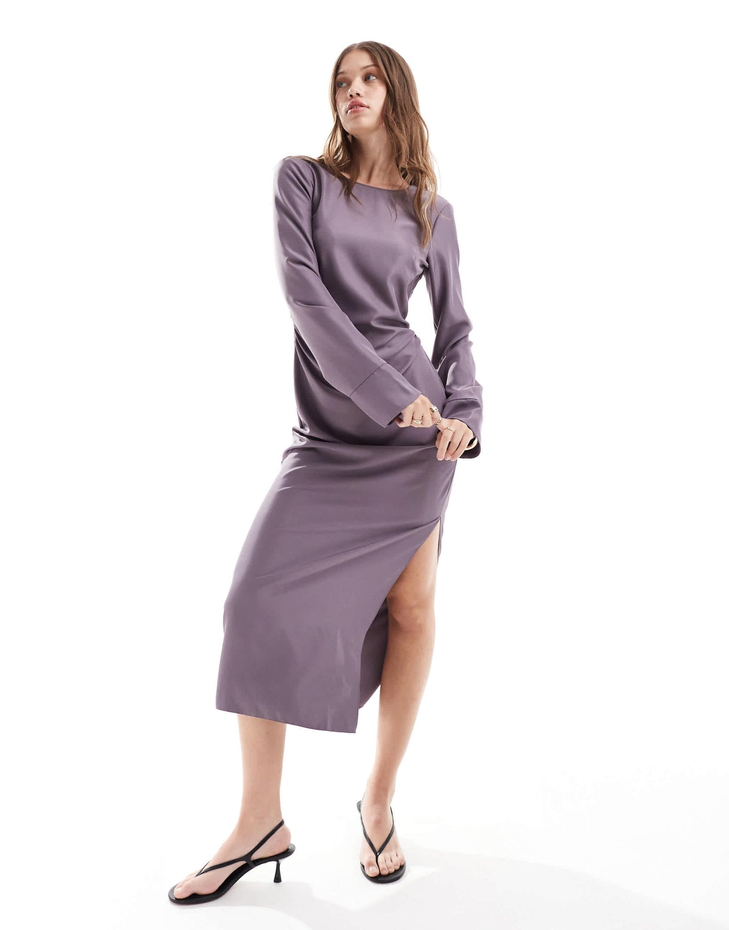 ASOS DESIGN long sleeve gathered waist midi with twist back detail in deep mauve - ASOS Sample Sale EU Store