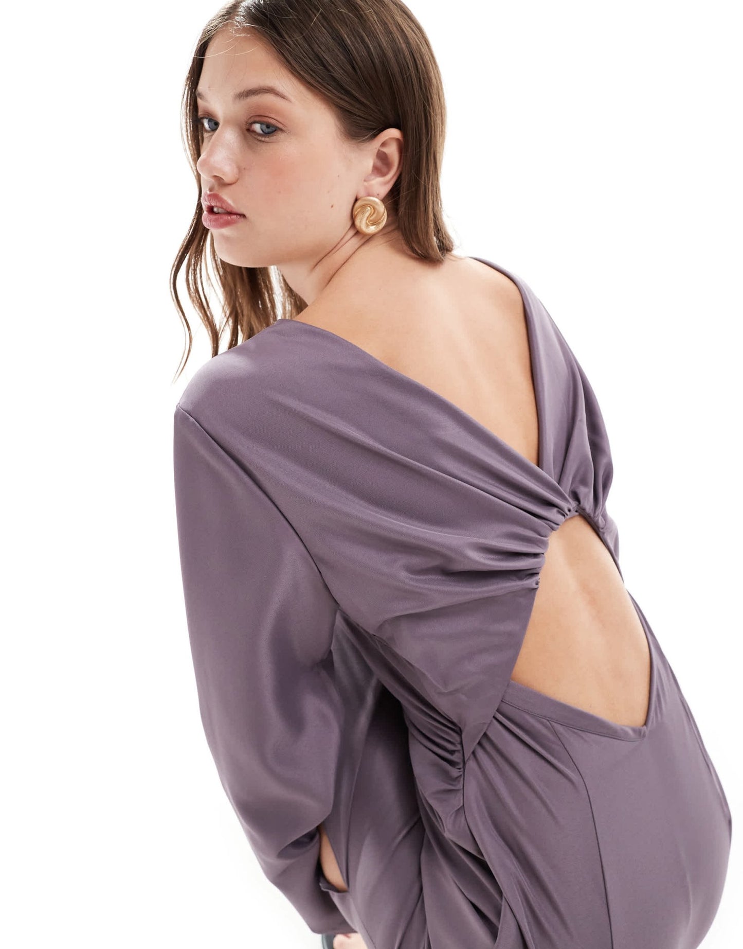 ASOS DESIGN long sleeve gathered waist midi with twist back detail in deep mauve - ASOS Sample Sale EU Store
