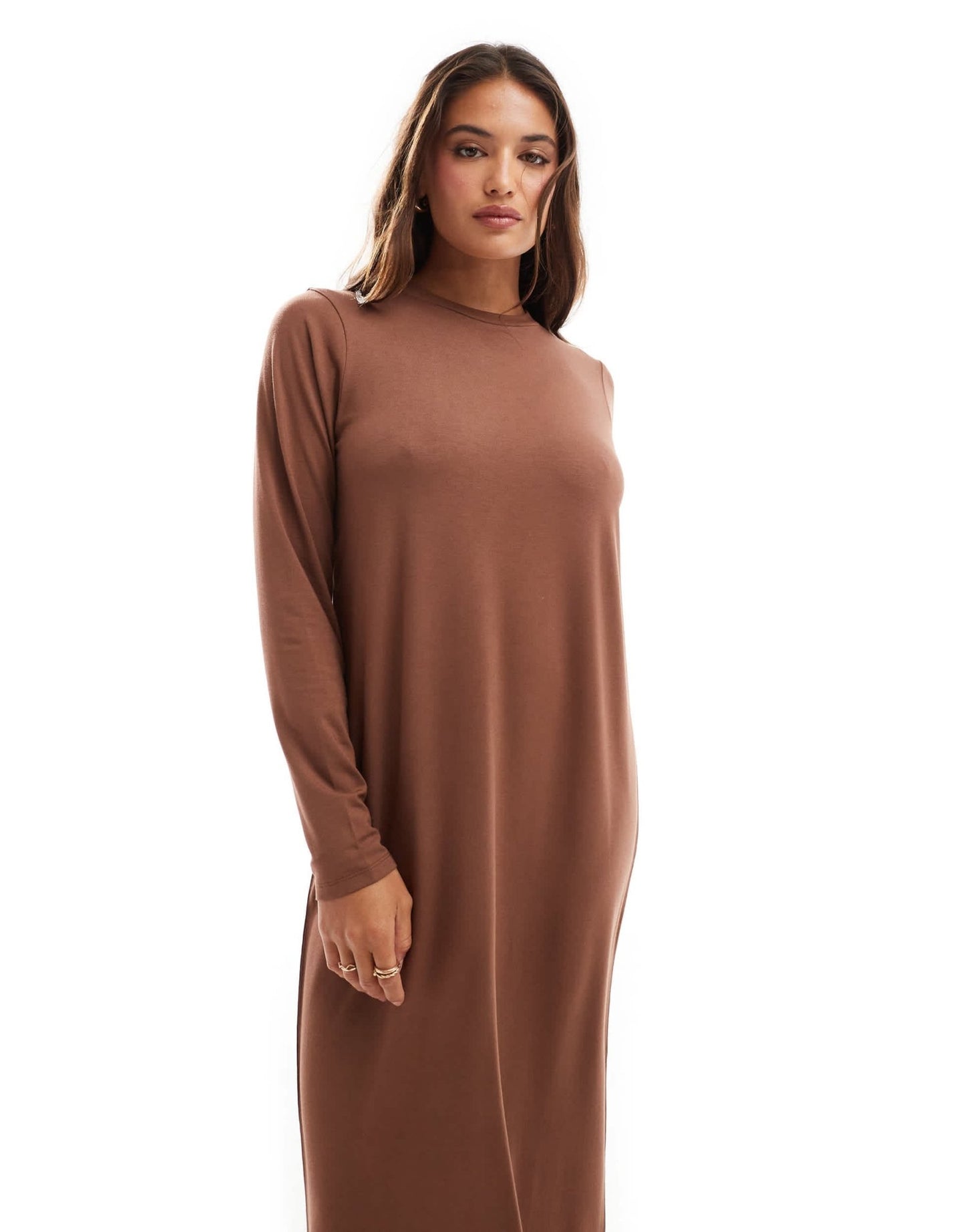 ASOS DESIGN long sleeve maxi t-shirt dress in light chocolate - ASOS Sample Sale EU Store