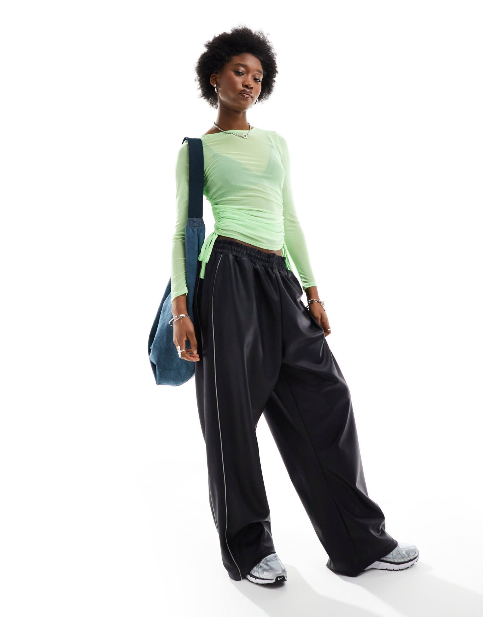 ASOS DESIGN long sleeve mesh top with ruched sides in light green - ASOS Sample Sale EU Store