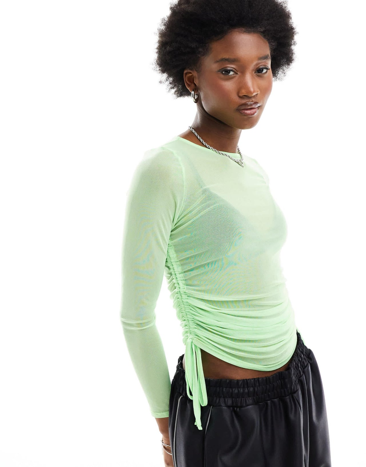 ASOS DESIGN long sleeve mesh top with ruched sides in light green - ASOS Sample Sale EU Store