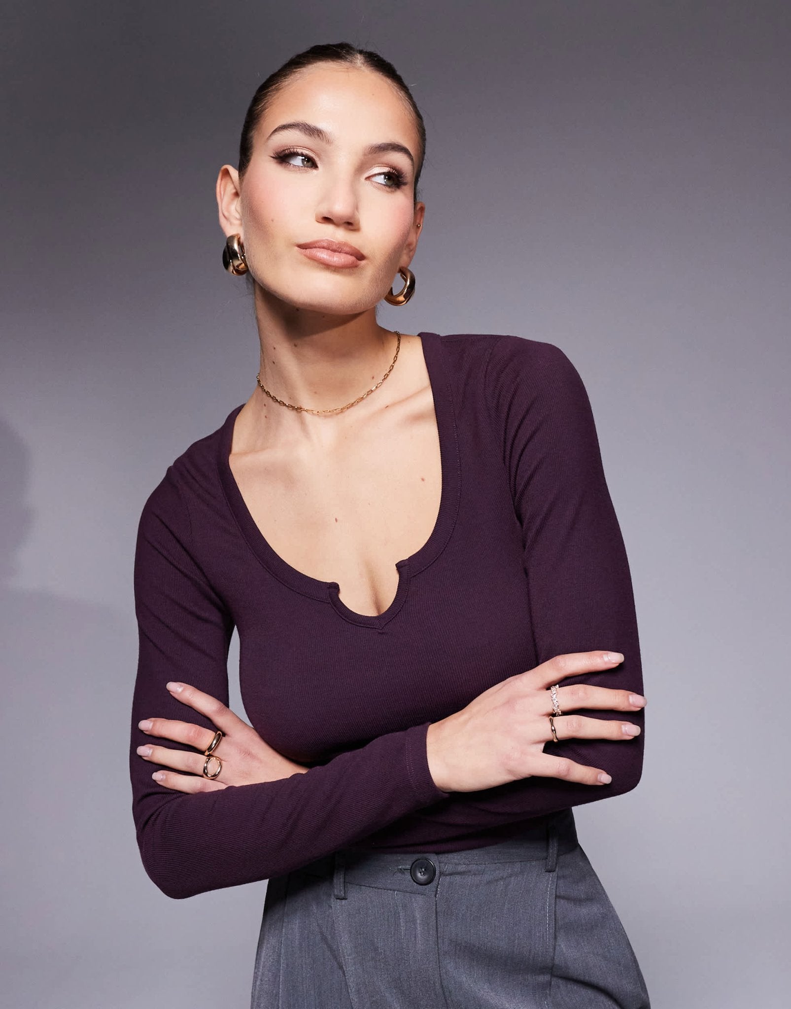 ASOS DESIGN long sleeve ribbed top with notch detail in plum - ASOS Sample Sale EU Store